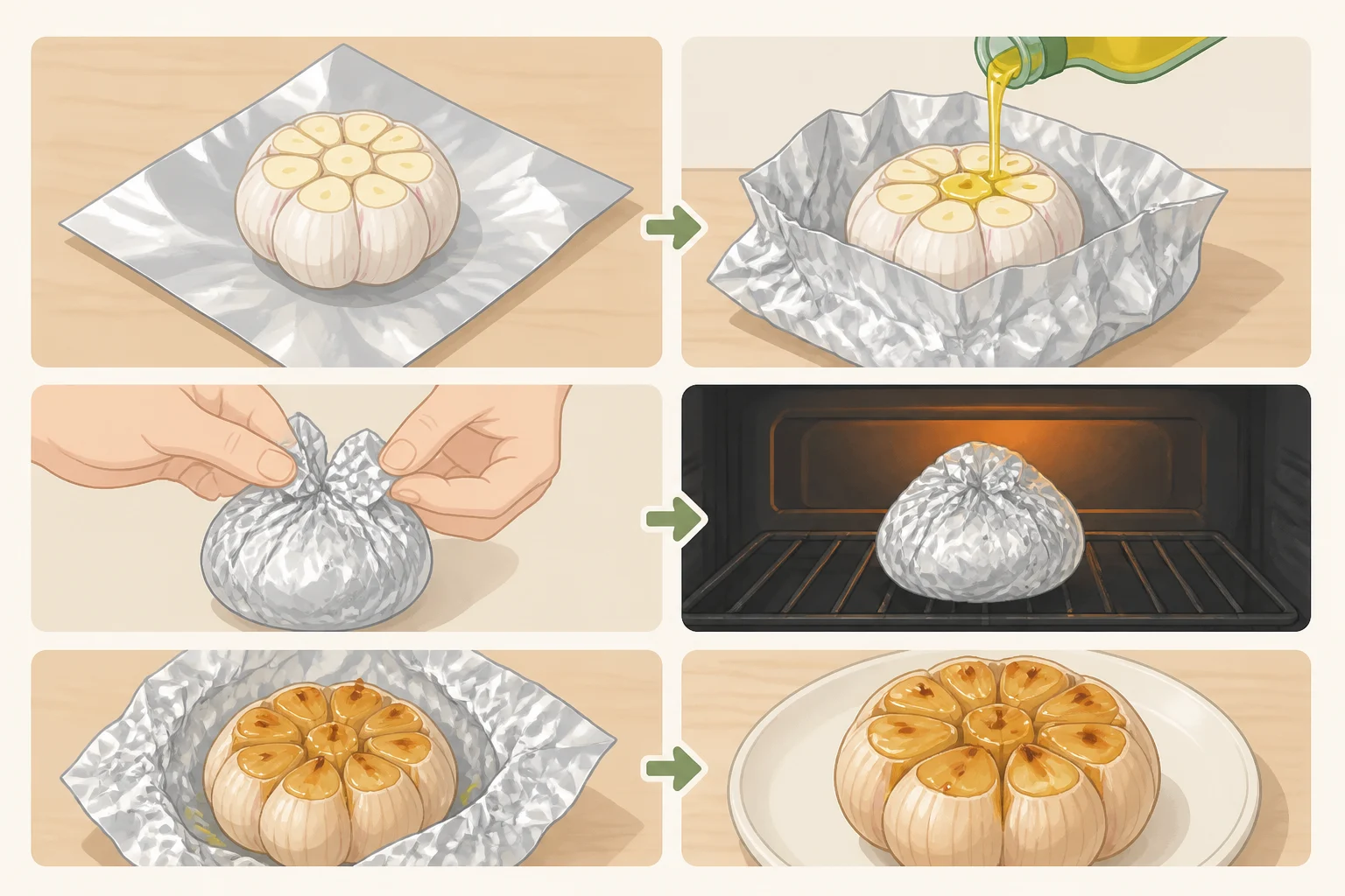 A whole garlic head sitting cut-side up in a tight foil packet with olive oil and salt, ready for roasting
