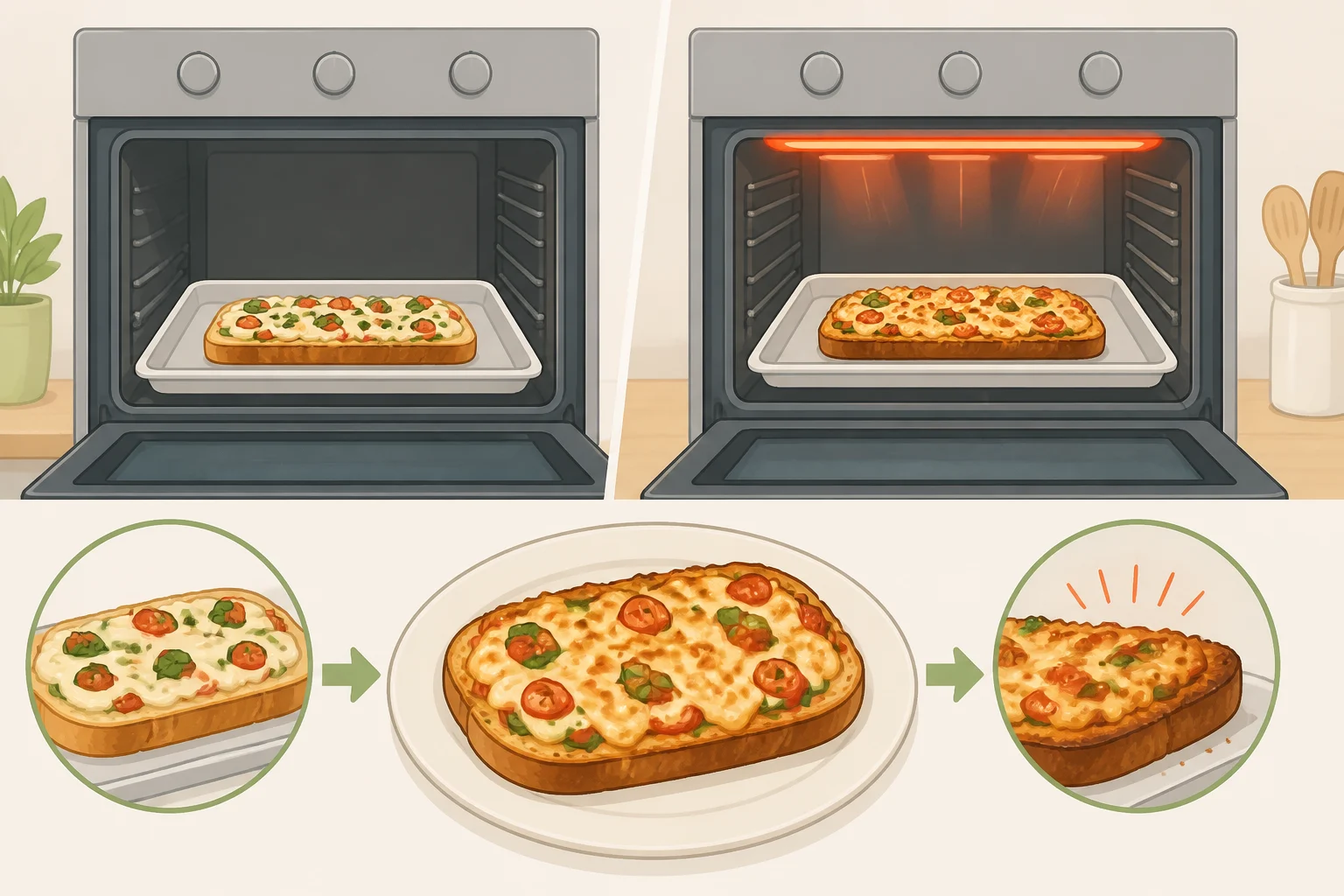 An open-faced roasted garlic bread loaf baking at high heat with crisp golden edges and a quick broil to finish
