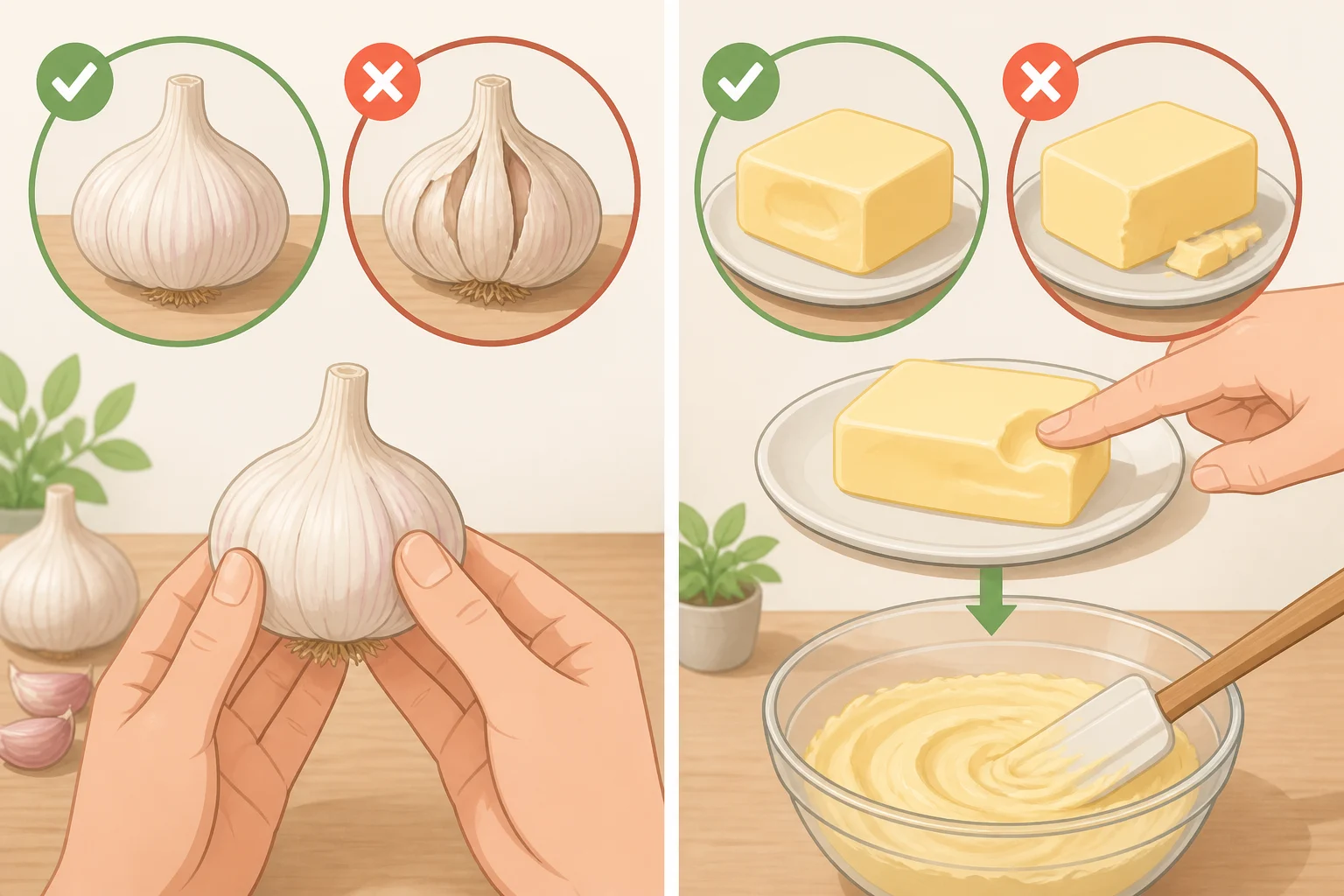 A firm head of garlic with papery outer layers trimmed and a bowl of fully room-temperature butter ready for mixing to make roasted garlic garlic bread