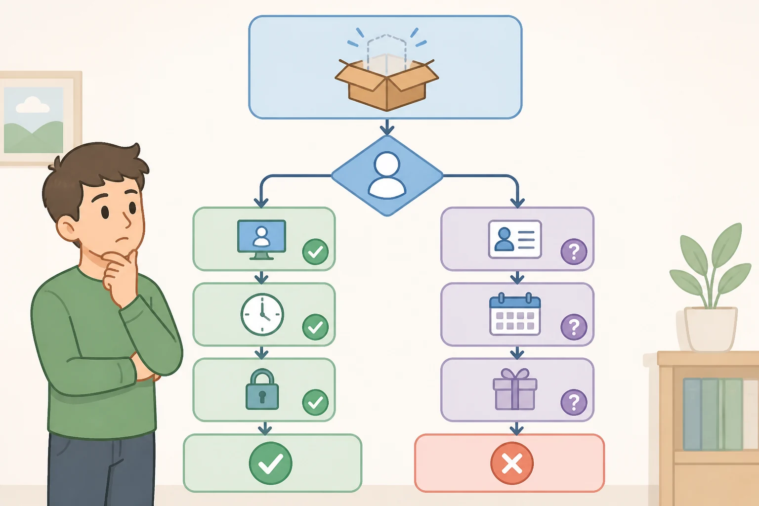 Illustration of a troubleshooting flowchart with steps like confirming LEGO Insiders login, recalculating the Batman-only subtotal, verifying LEGO.com/Store/catalog purchase channel, and refreshing the cart if the gift vanished