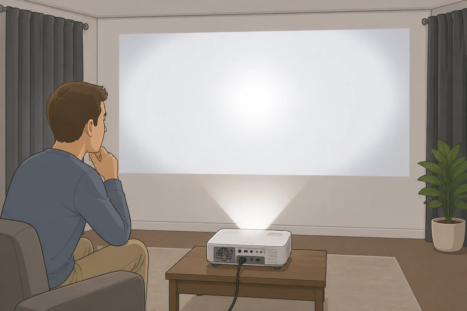 Illustration of a home projector projecting a test image onto a wall while curtains are drawn and room lights are on, with arrows pointing to visible texture, ripples, and a moving hotspot as viewers shift seats