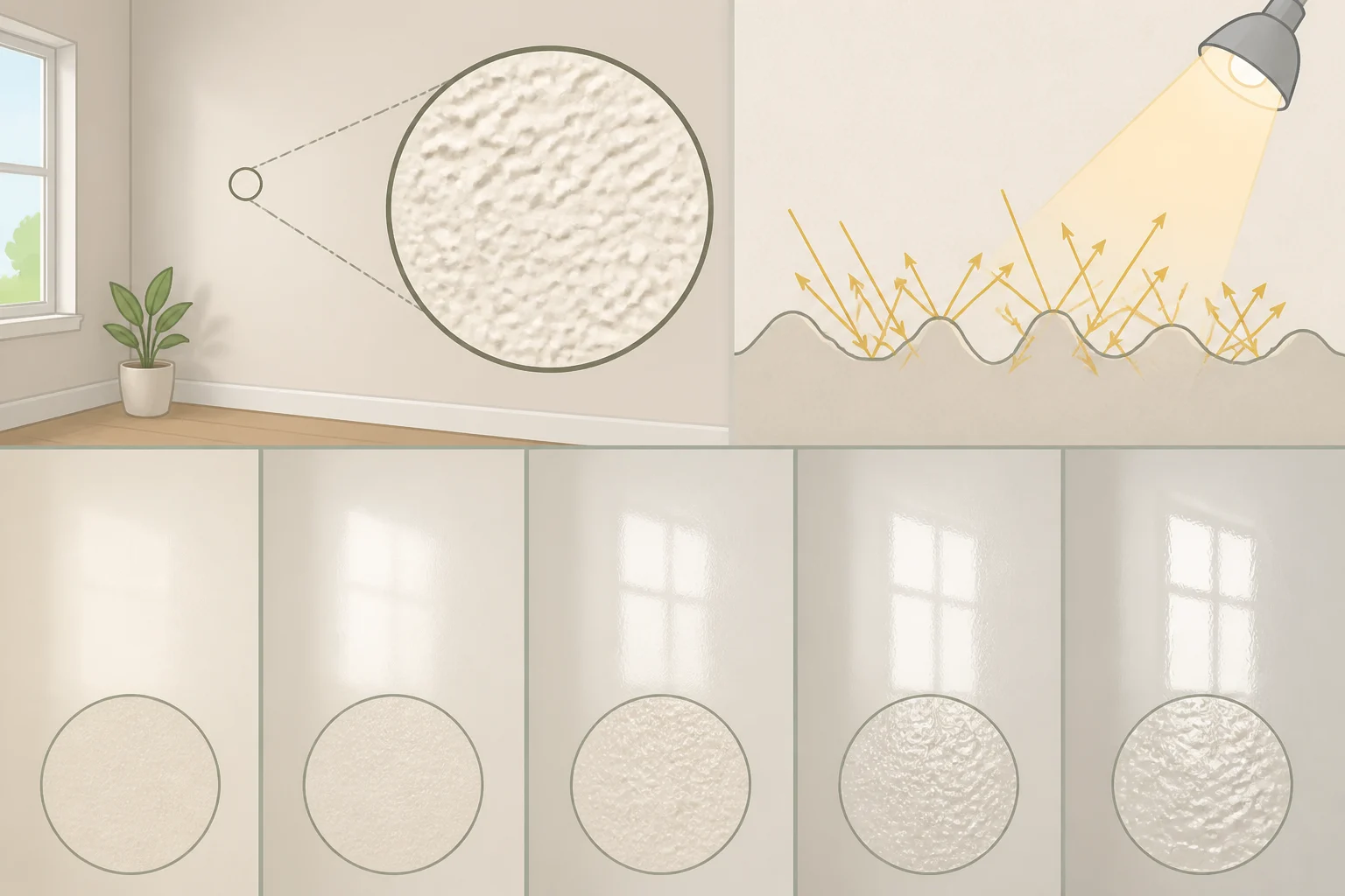 Close-up comparison of a smooth matte-white wall versus a textured, slightly shiny surface, with a 4K projector image revealing micro-shadows and uneven hotspots due to improper gloss and texture