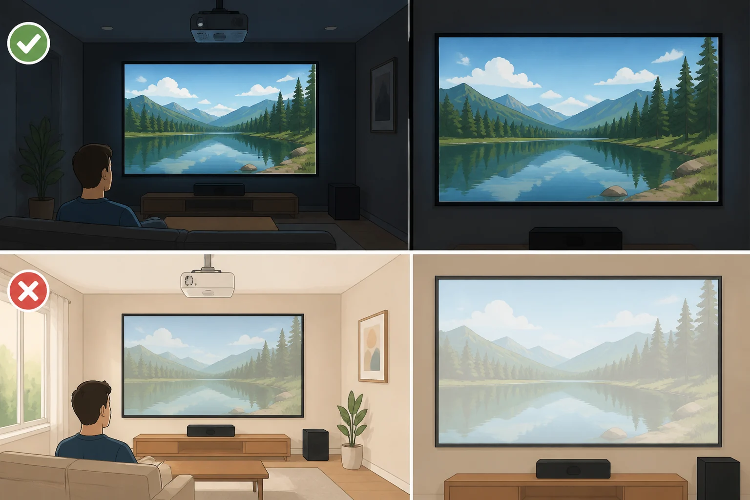 Side-by-side room views showing a projector pointed at a plain wall in a fully dark room versus partly lit conditions, illustrating why screen choice matters when you can’t get fully darkdo you need a projector screen for a home theater even when lights are on sometimes?