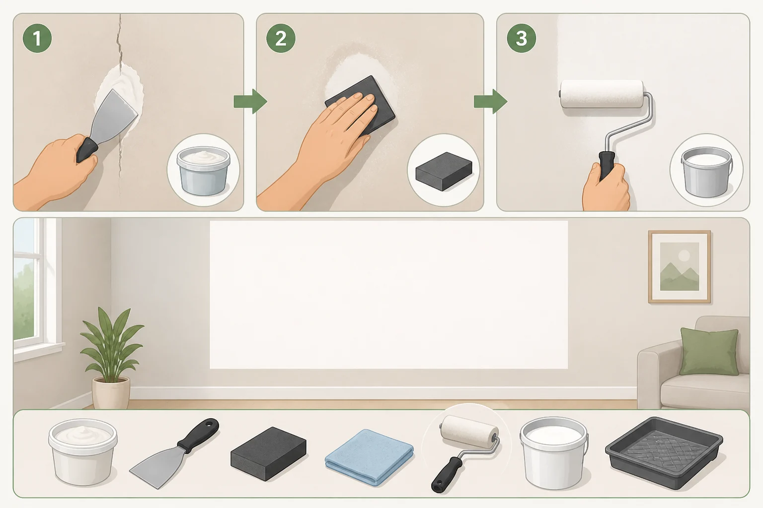 Step-by-step DIY scene showing cracks filled, sanding sponges used with 110- and 220-grit, and specialty projection screen paint applied to create a smooth, low-texture surface for sharper 4K images