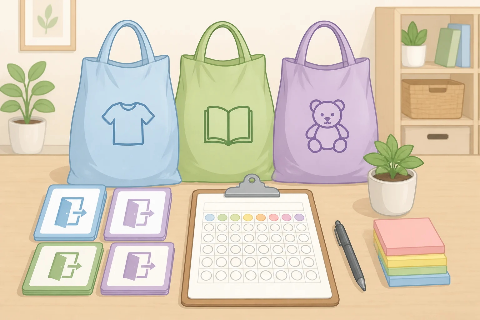 Supplies for the 30 Bags in 30 Days decluttering challenge: kitchen-size bags, sticky-note exit labels (donate, recycle, sell, trash), and a tracking sheet ready for daily logging