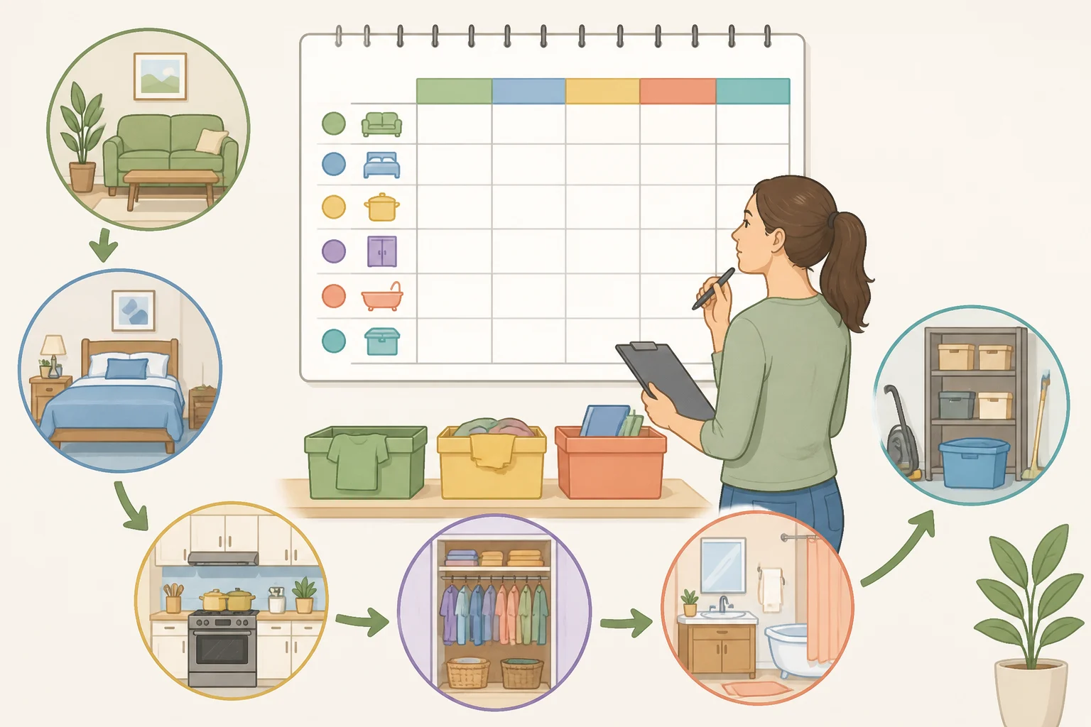 Diagram-style view of a day-by-day decluttering plan showing zones such as pantry, clothing, bathroom drawers, and garage entryway work in sequence