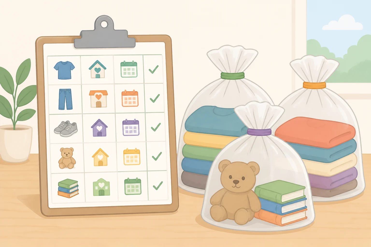 Completed decluttering tracking sheet listing 30 bag entries with destination and actual drop-off dates, alongside sealed bags prepared for donation or recycling