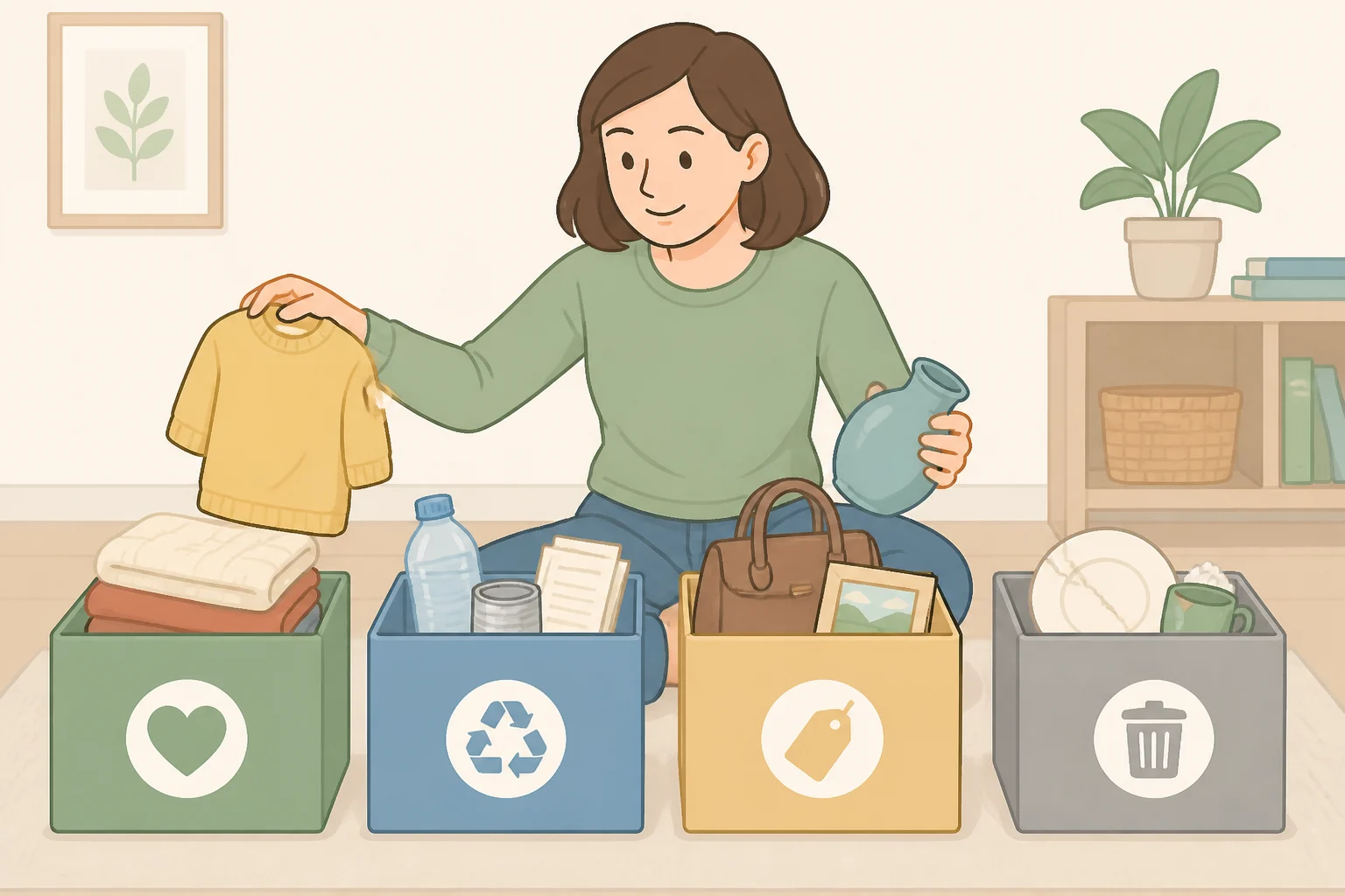 Split illustration of four labeled exits—donate, recycle, sell, and trash—with example items matched to each destination based on the keep-or-go test