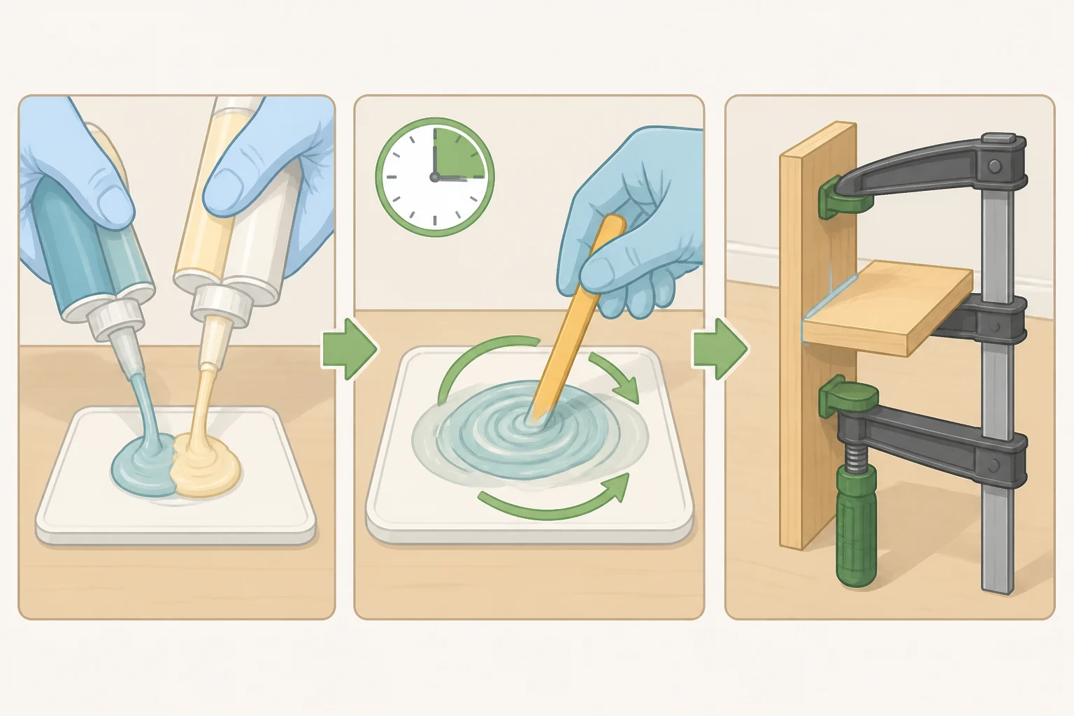 Illustration showing the resin and hardener dispensed onto a mixing surface, stirred together for at least 90 seconds, and then clamped/taped so the joint stays aligned while J-B Weld cures