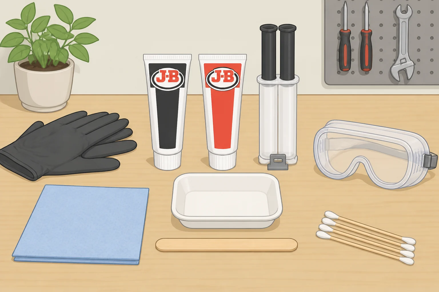 Illustration of the supplies needed before mixing J-B Weld—gloves, disposable mixing surface, stir stick, degreaser or rubbing alcohol, thermometer for a cold garage, and clamps or tape—plus the warning to avoid open flame while curing