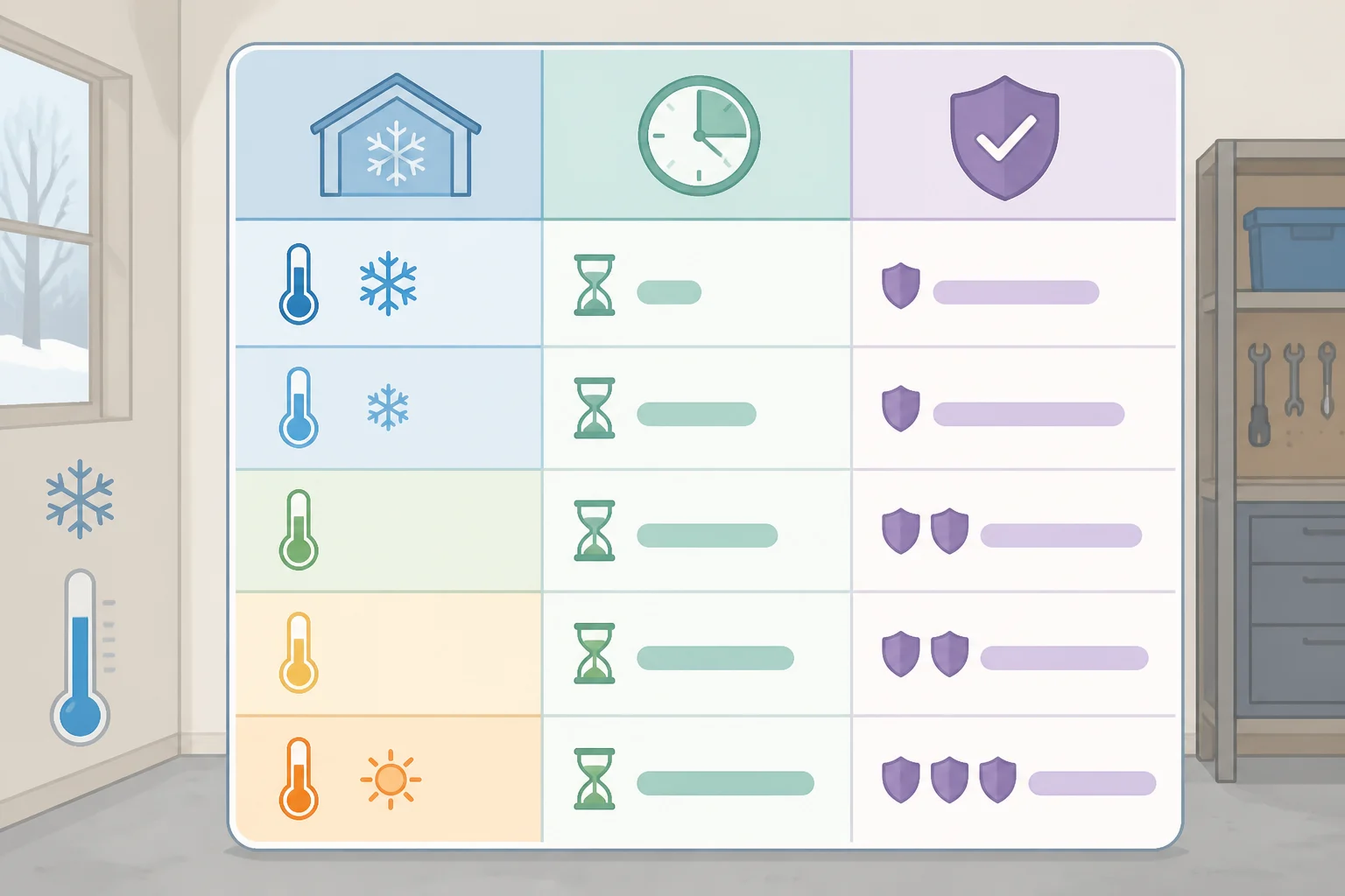 Illustration of a cold-weather J-B Weld cure chart mapping temperatures (70°F, 50°F, 40°F, 32°F, below 32°F) to set time and full cure time, showing much longer curing in an unheated garage