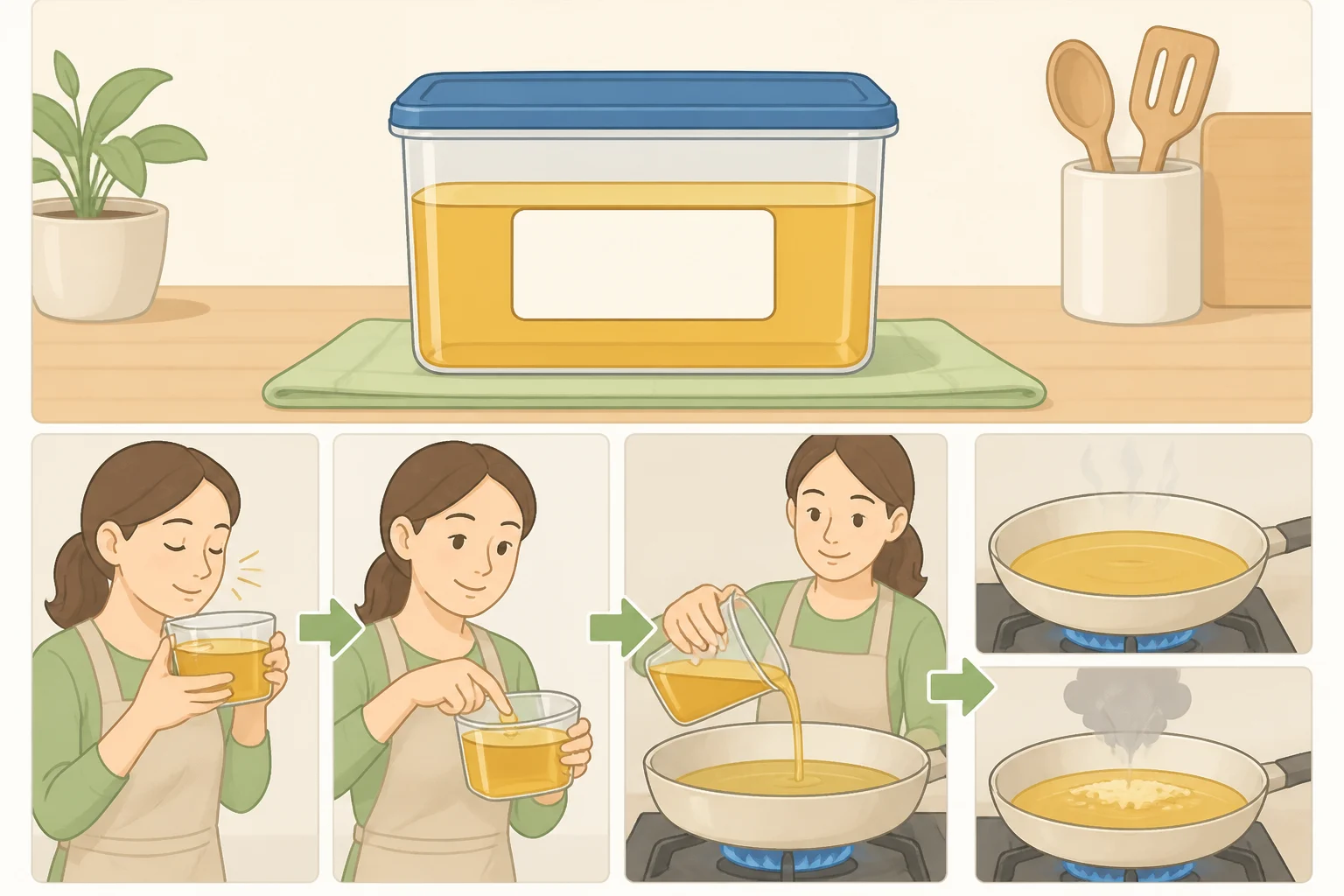 Labeled opaque container of stored frying oil beside a pot where the cook uses a thermometer, confirming safe reuse by checking for stickiness or persistent cloudiness before heating