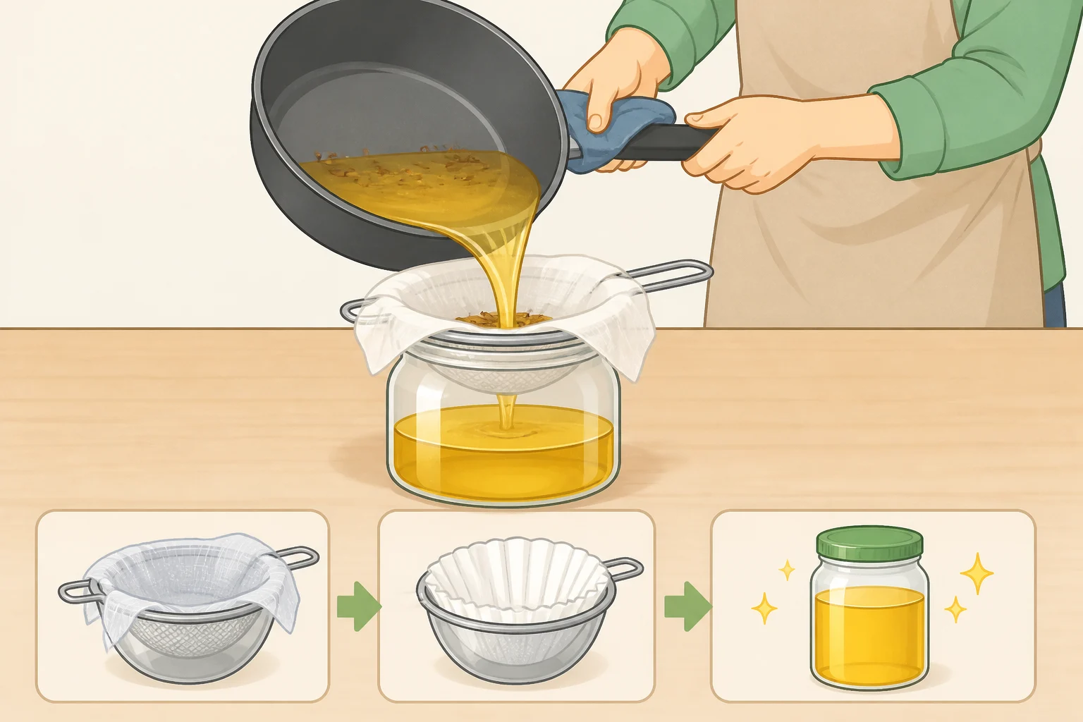 Close-up of cooled frying oil being poured through cheesecloth over a fine-mesh strainer into a funnel and clean storage container
