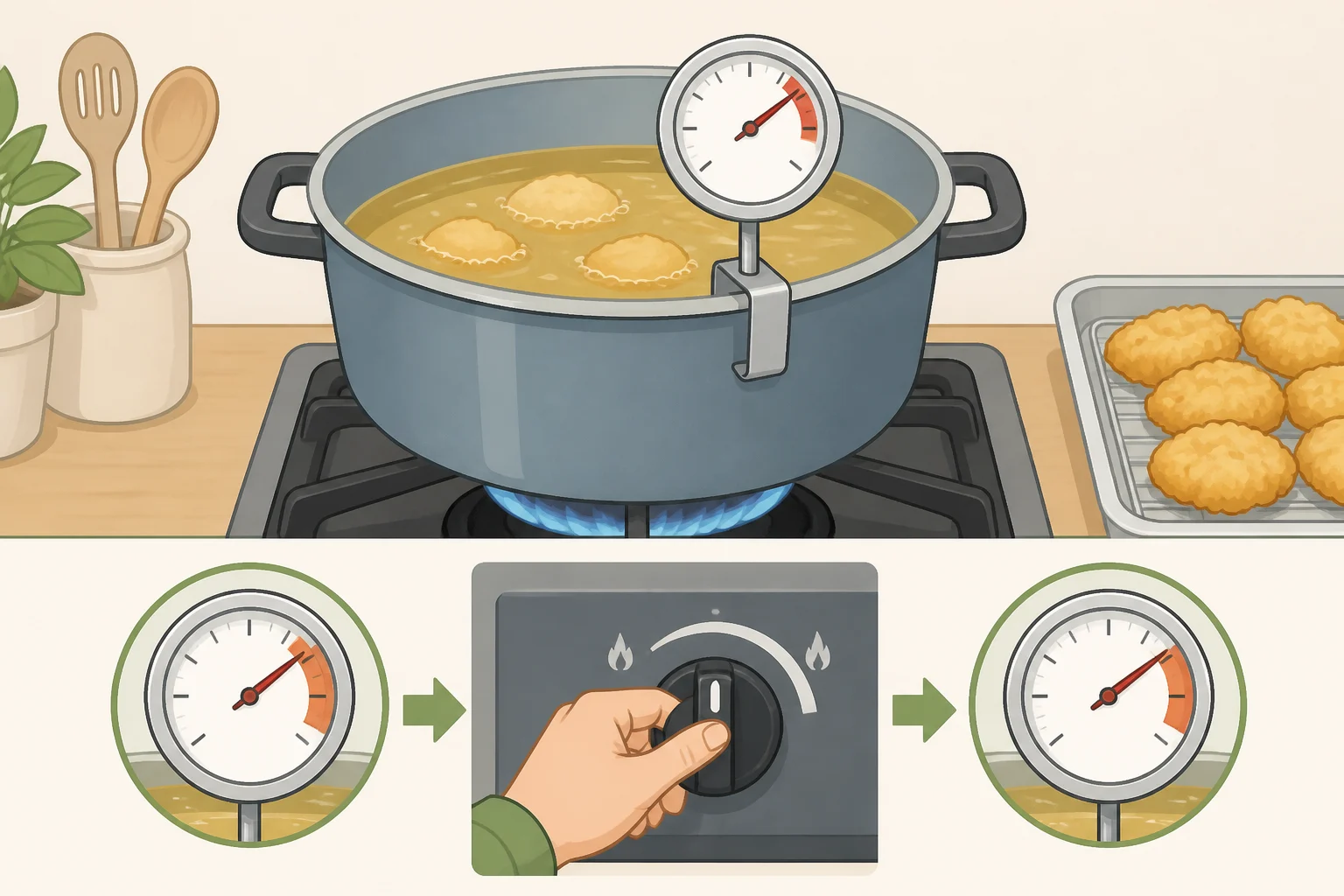 Kitchen thermometer clipped to a pot of frying oil showing 350°F–375°F, illustrating how to reuse frying oil safely by staying in the recommended temperature sweet spot