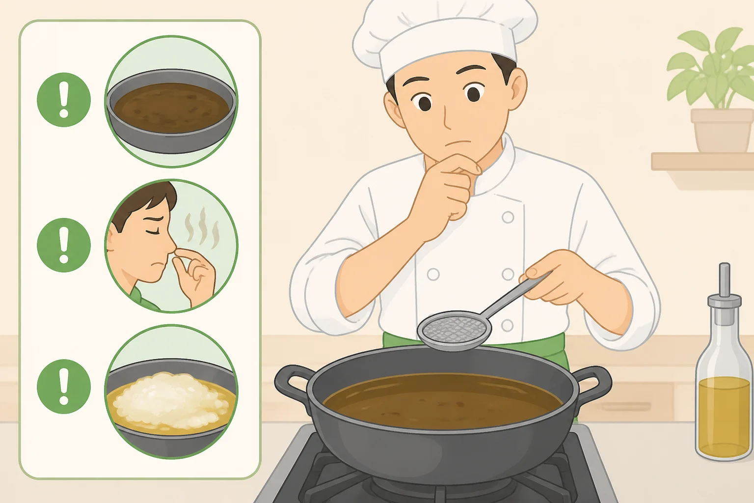 Illustration comparing warning signs like dark sticky texture, persistent cloudiness, rancid burnt smell, and smoke at lower temperatures to decide when to discard used frying oil