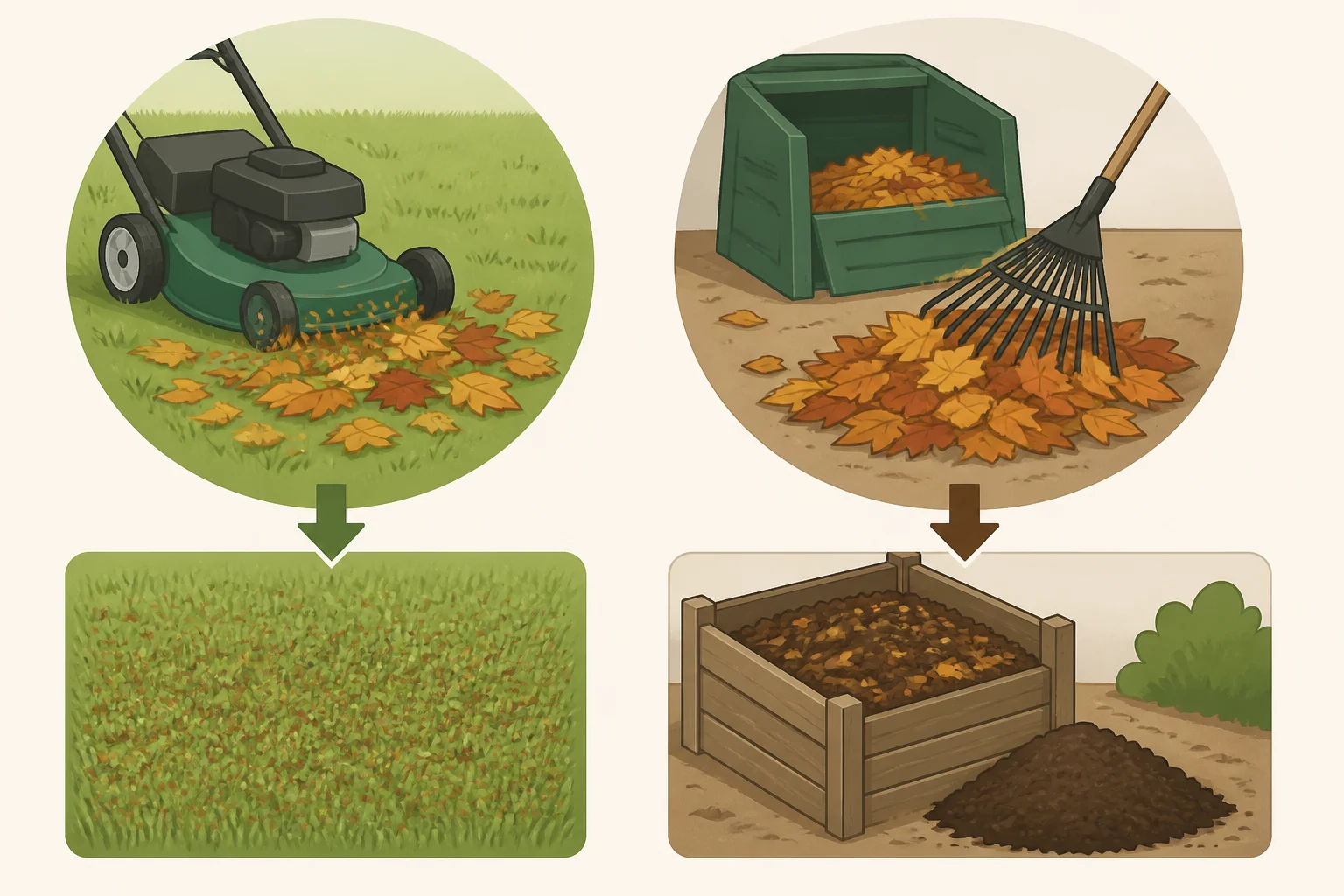 Side-by-side comparison of shredded leaves left on the lawn for mulching versus raked leaves added to a compost pile for finished compost