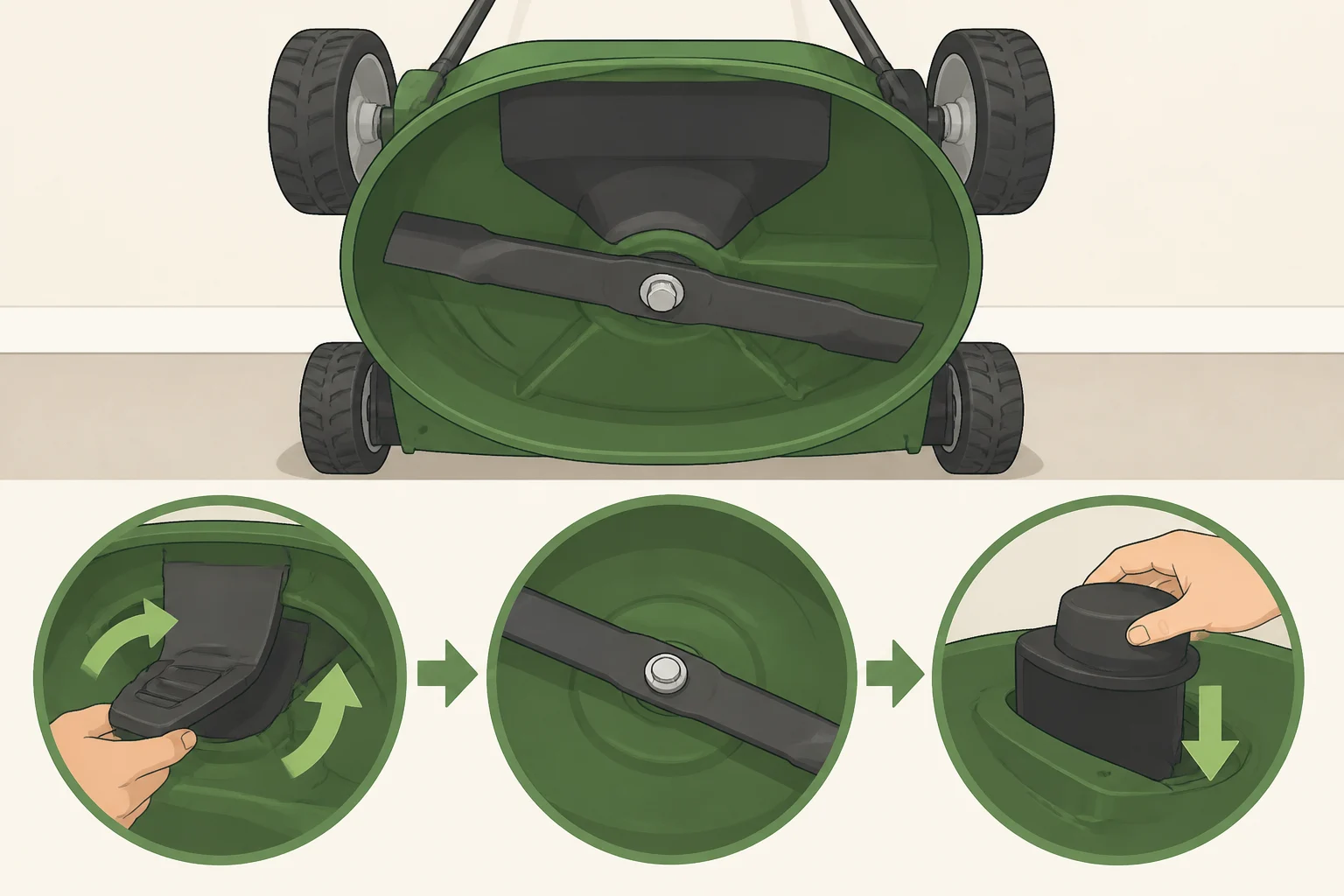 A lawn mower with the mulching blade installed and mulch mode engaged, showing how to prepare the deck for shredding leaves