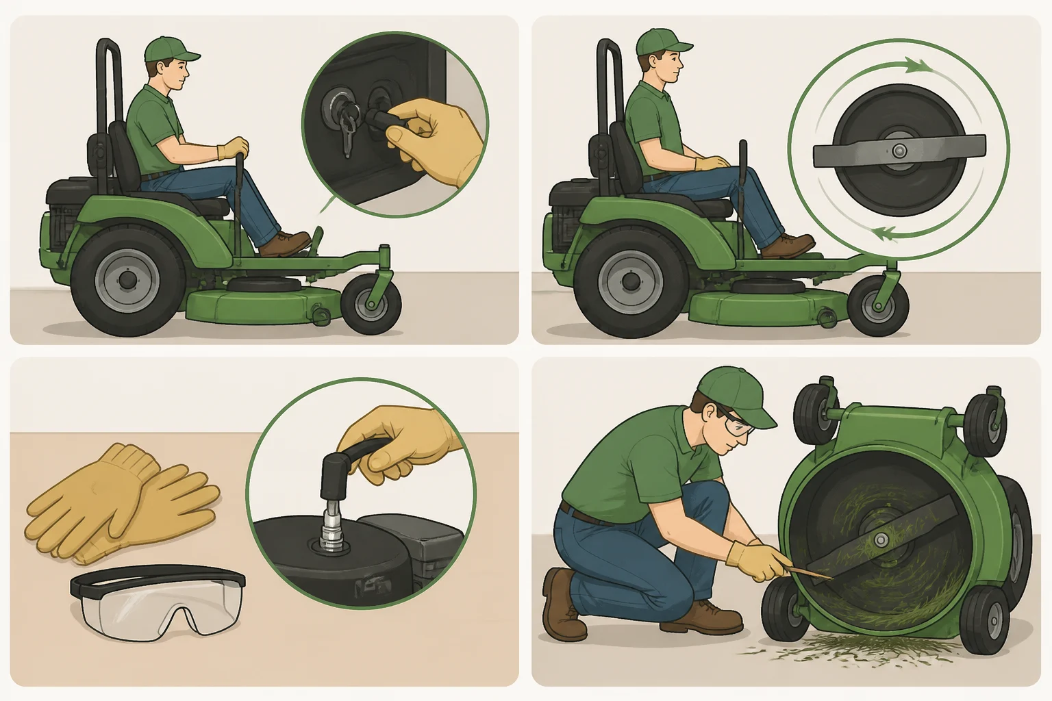 A homeowner shutting off a mower and disconnecting the spark plug wire before inspecting and clearing clogged leaves from the deck