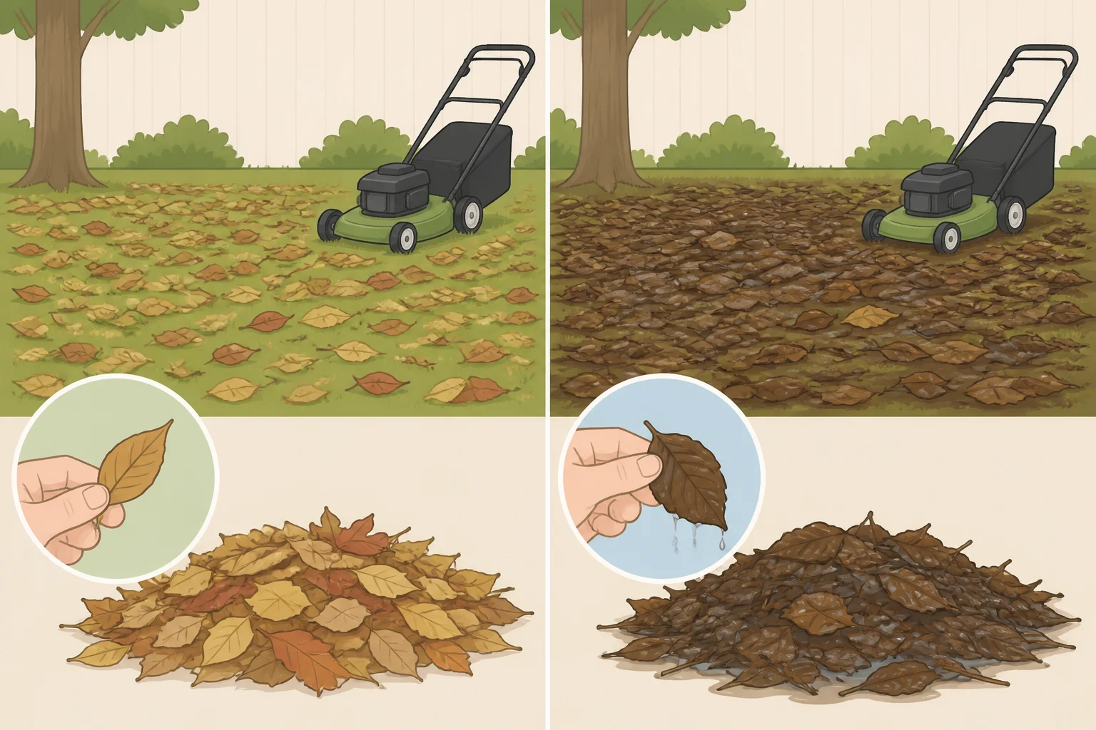 Before you start: dry thin leaves with grass showing are suitable for how to mulch leaves instead of raking, while wet matted leaves require raking