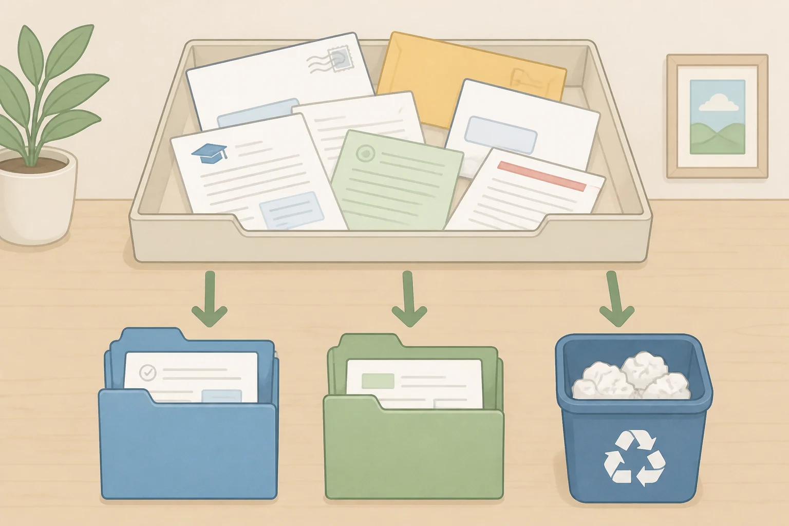 A small entryway landing tray with clear size limits where mail and school papers are separated into an action folder, reference folder, and recycling bin