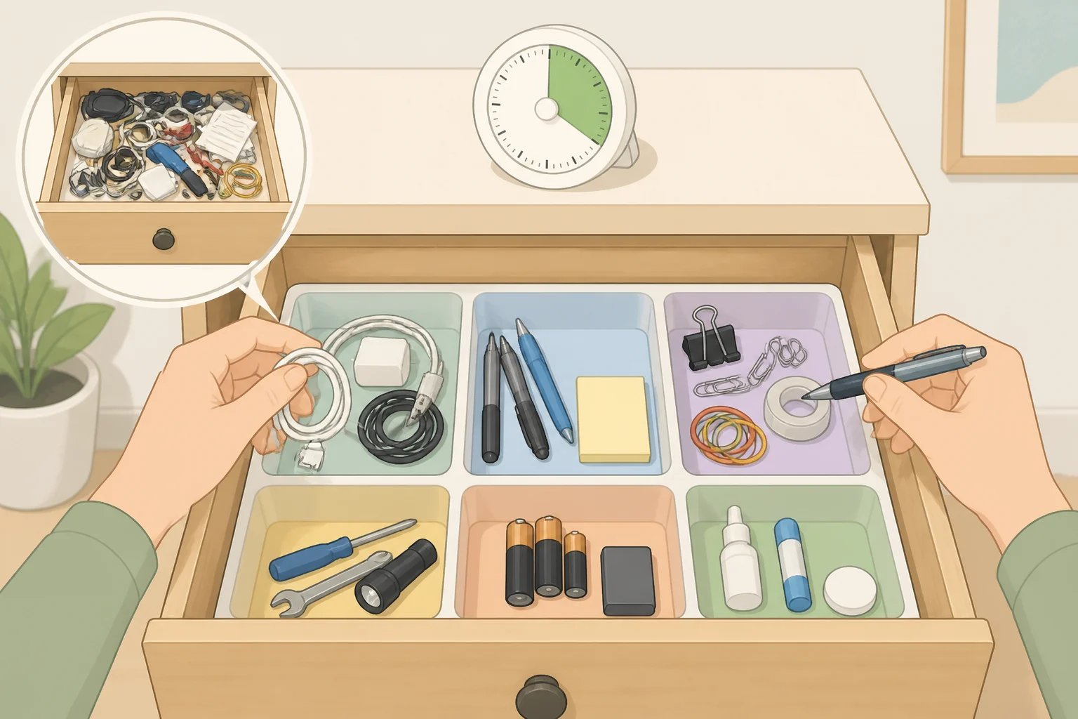 A kitchen junk drawer organized as a bounded zone with a visible edge and sorting categories, matching September home organization tips for habits 1–3