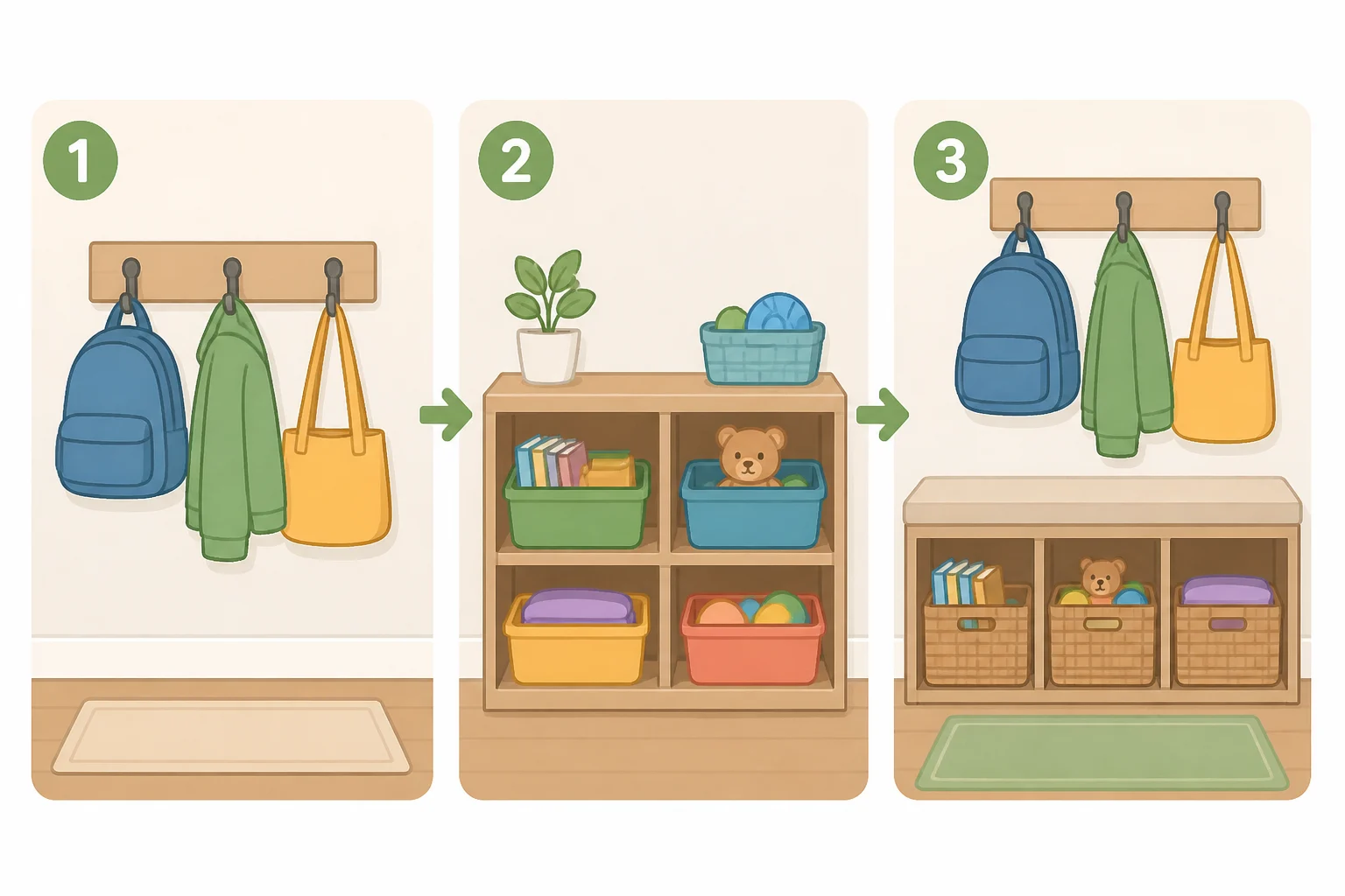 Hooks, an open bin, and a visible basket arranged to create a low-step path for returning everyday items to their defined spots