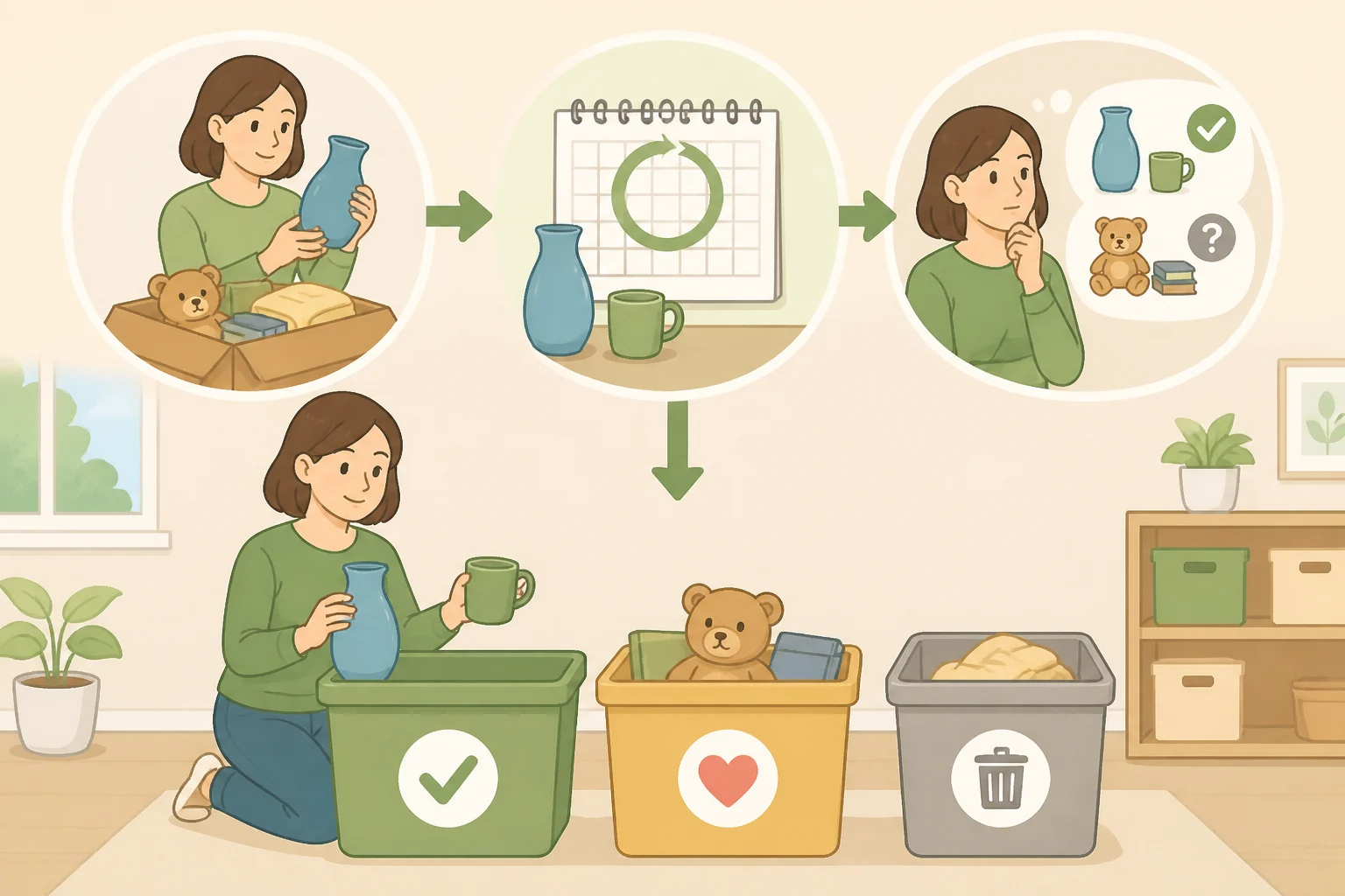 A person holding an unworn item and placing it into a donate bag after a one-year use test within the current zone