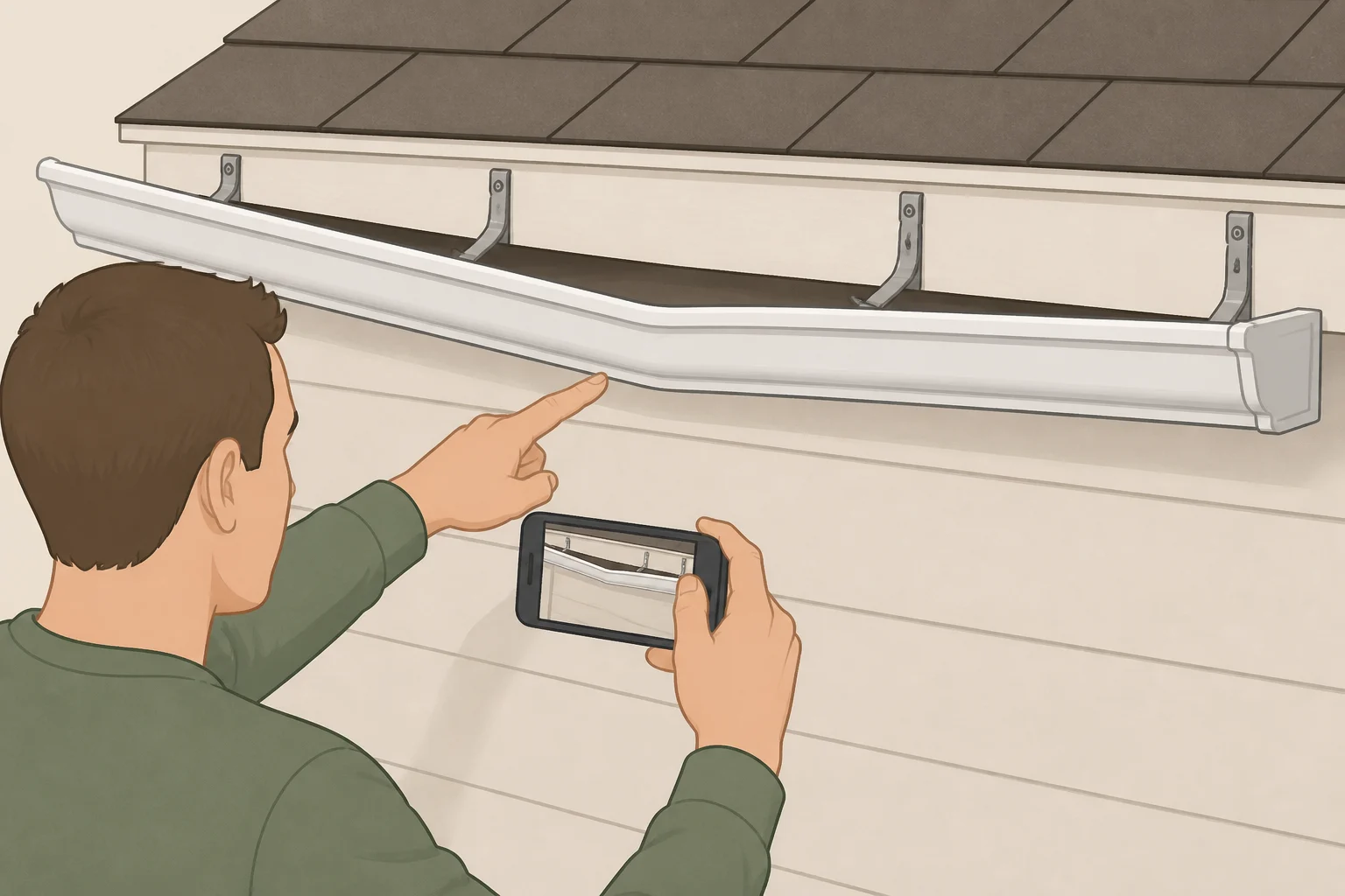 A gutter run with a visibly lower section and gaps from the fascia board highlighted, matching the check for incorrect pitch during a fall gutter inspection