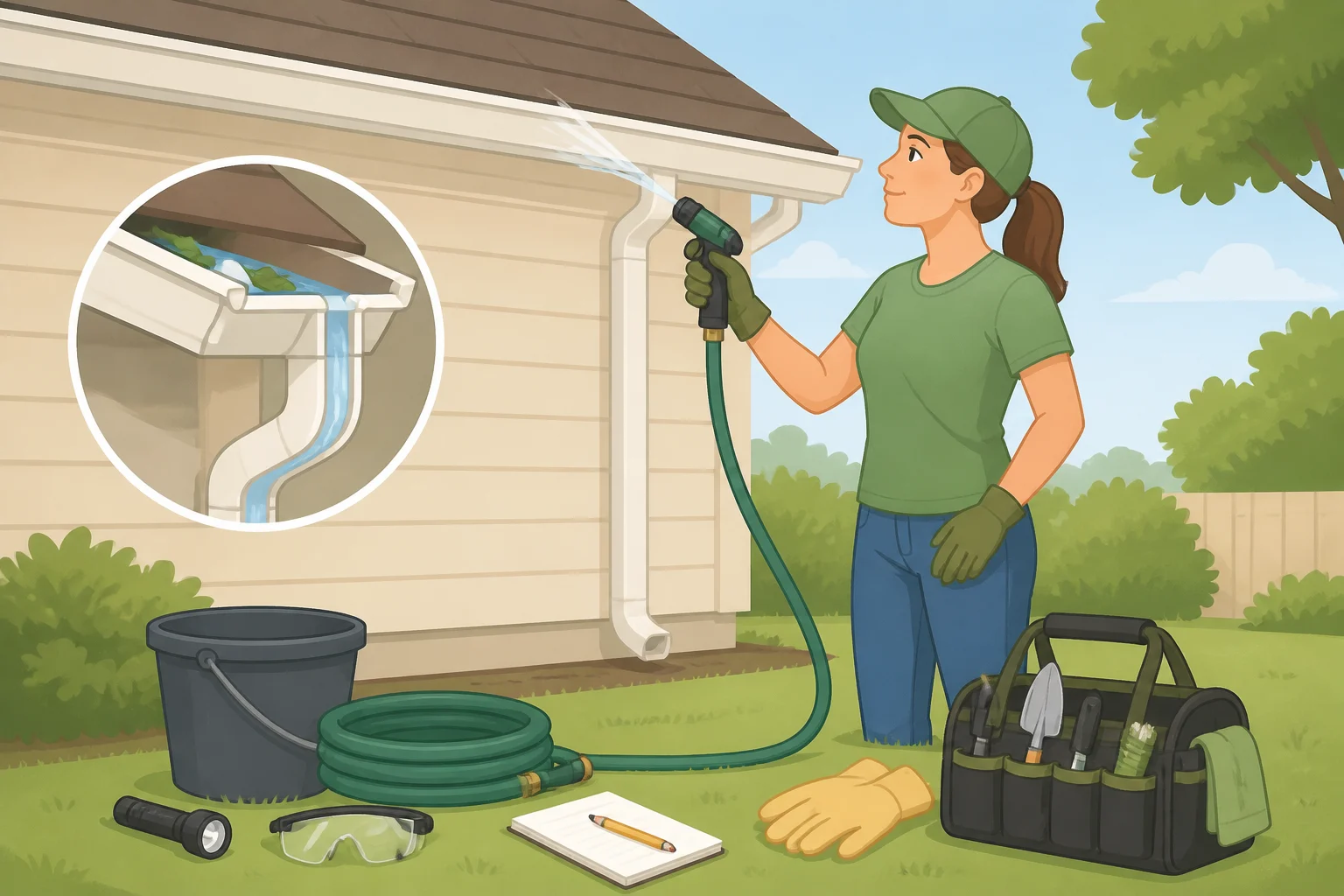 Tools laid out for checking gutters before fall: extension ladder safety glasses, gloves, a garden hose, and a gutter scoop set up to inspect gutter problems to check before fall without unnecessary climbing