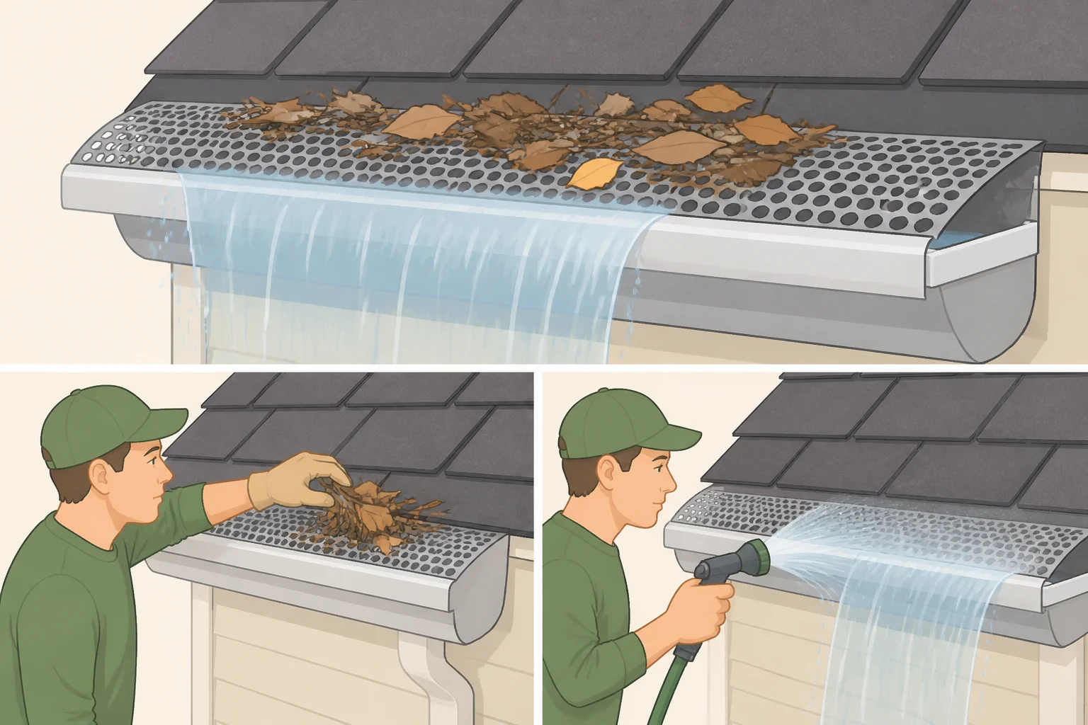 Gutter guard surface covered with leaves and debris while water sheets over the front edge, then the mesh is cleared and a hose test confirms whether water drips into the gutter