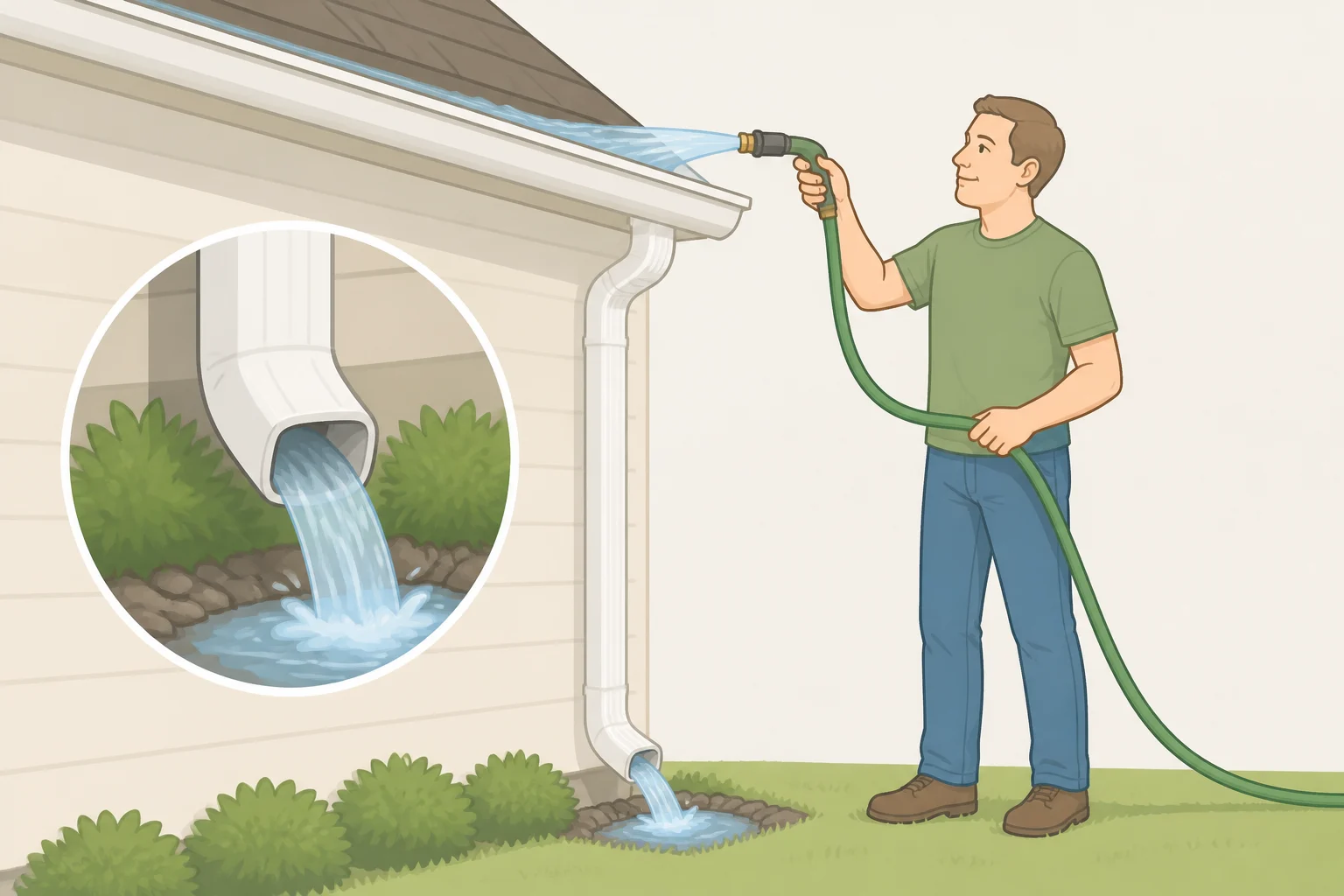 Water being run with a garden hose into a gutter while checking for steady flow out of the downspout and no backup pooling in the trough