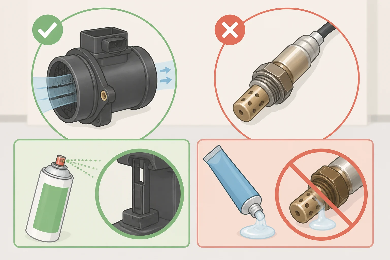 Illustration of a car engine bay featuring a mass air flow (MAF) sensor and oxygen (O2) sensor, with callouts warning not to spray general contact cleaner on MAF elements and to keep silicone-based sprays away from the O2 sensor.