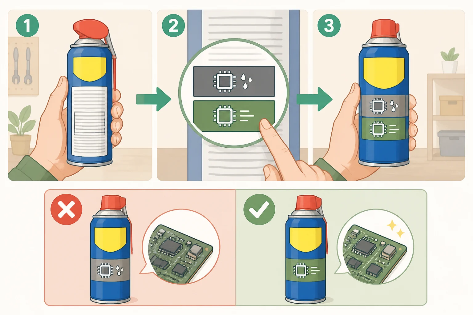 Illustration of a hand comparing the label on WD-40 Specialist Fast Drying Contact Cleaner versus original WD-40, showing why what not to use WD-40 contact cleaner on starts with picking the wrong can.