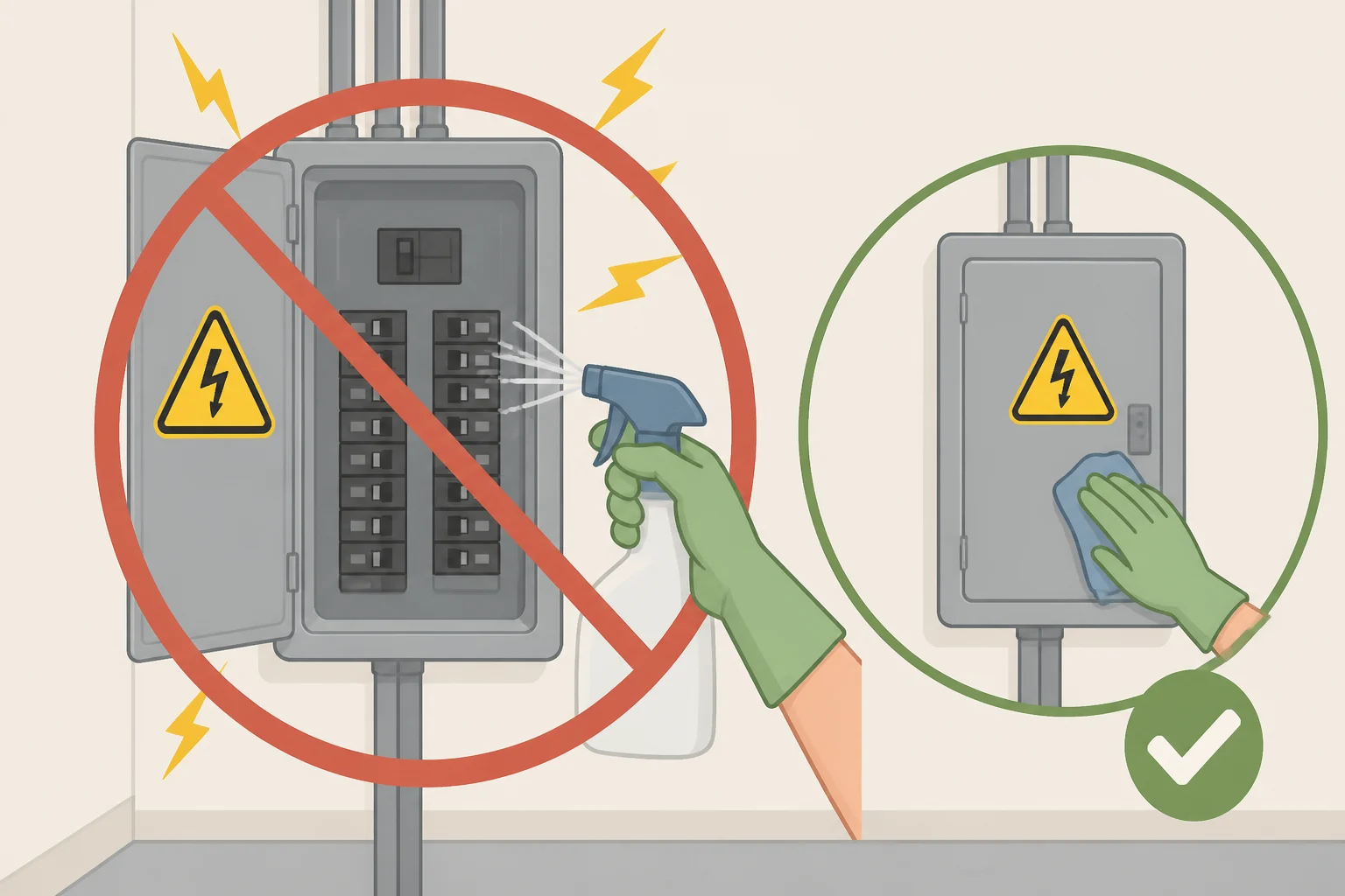Illustration of a breaker panel with a technician pointing to the warning that contact cleaner must not be used on live or energized circuits.