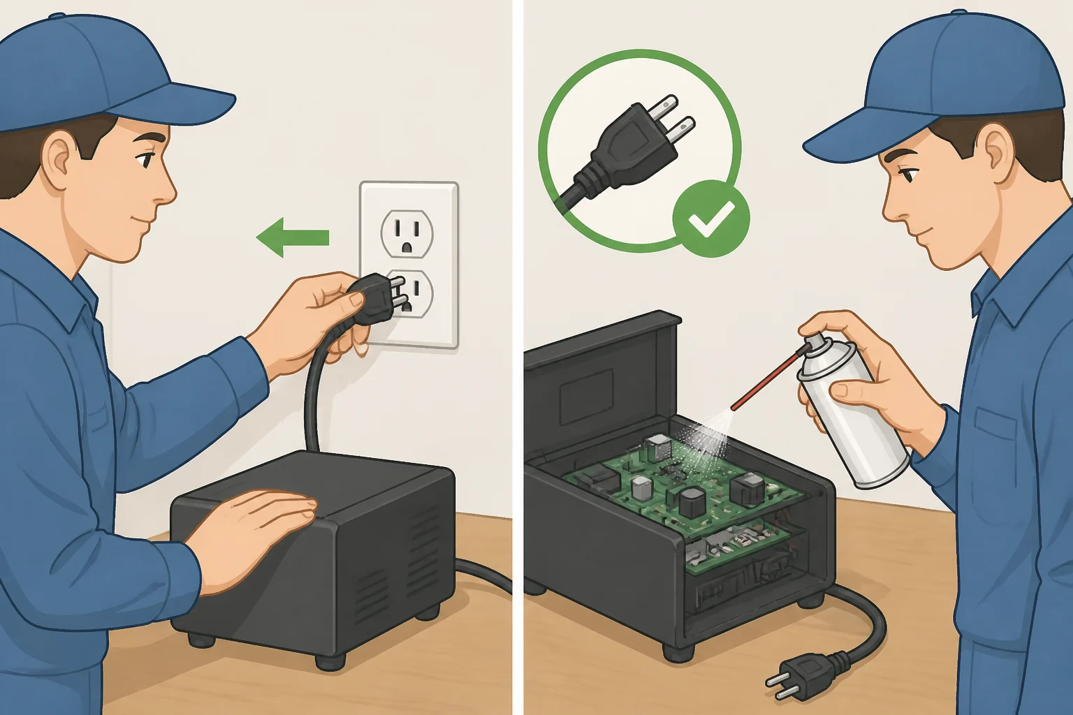 Illustration of a person unplugging an electronic device, then applying contact cleaner to visible connector pins while the device remains powered off.