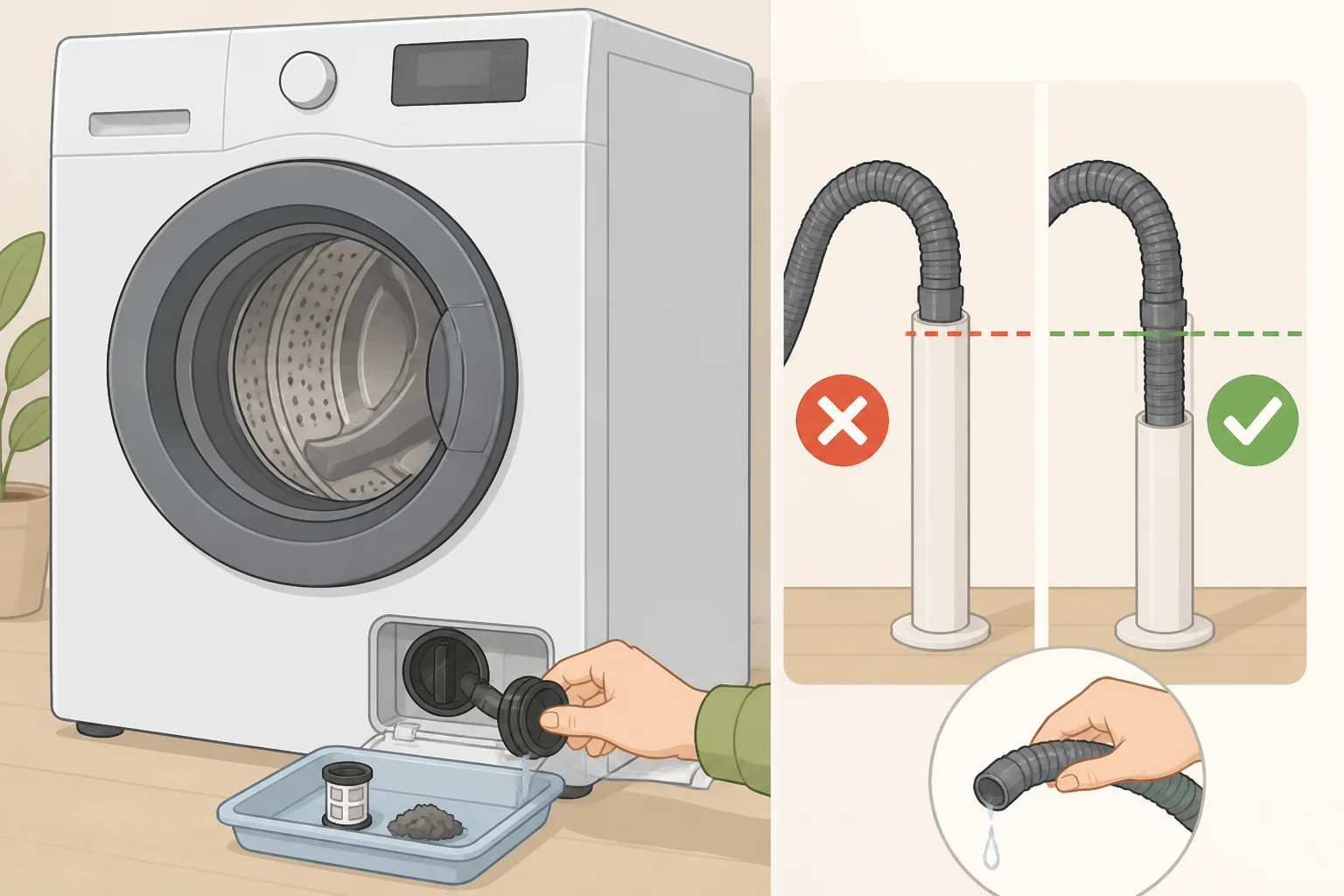 Illustration of a washer front panel removed to access the pump filter and showing the drain hose pulled to the correct standpipe depth to stop wastewater backflow