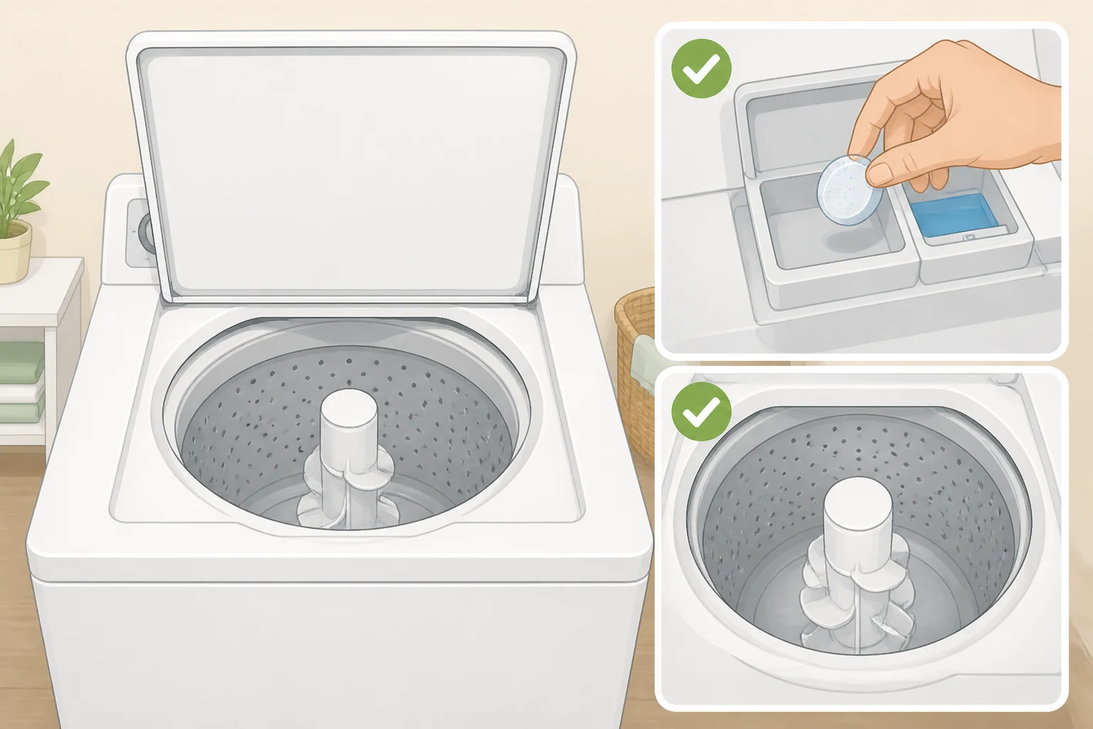 Photo-style illustration of an empty washing machine with the affresh tablet placed at the bottom of the tub (not the dispenser) or bleach added to the correct compartment before starting the Clean Washer cycle