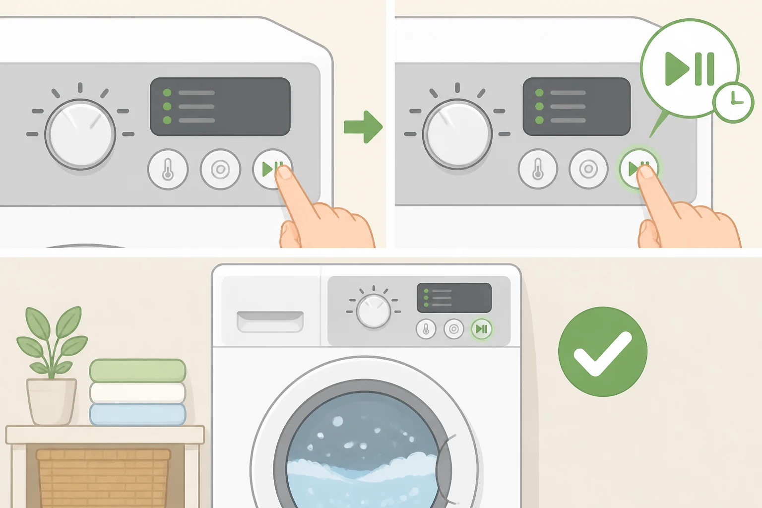Illustration of a washer control panel where the user touches and holds Start/Pause for three seconds to run the Self Clean cycle without stopping