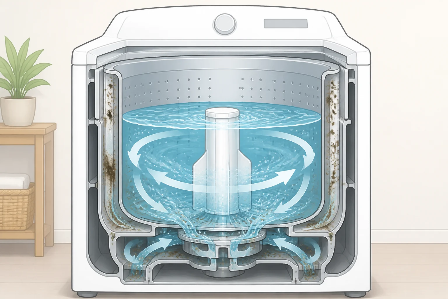 Diagram of how a washing machine self-cleaning feature work: an empty washer tub filled with hot water and cleaner that circulates to the tub, pump, valves, drain, and recirculation hoses to remove residue
