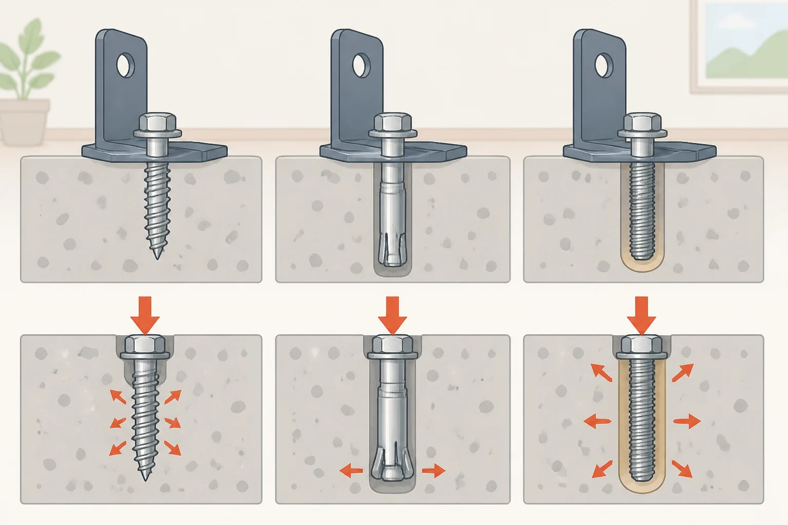 Illustration comparing concrete screw anchors, wedge/sleeve anchors, and adhesive epoxy anchors and how each engages the concrete