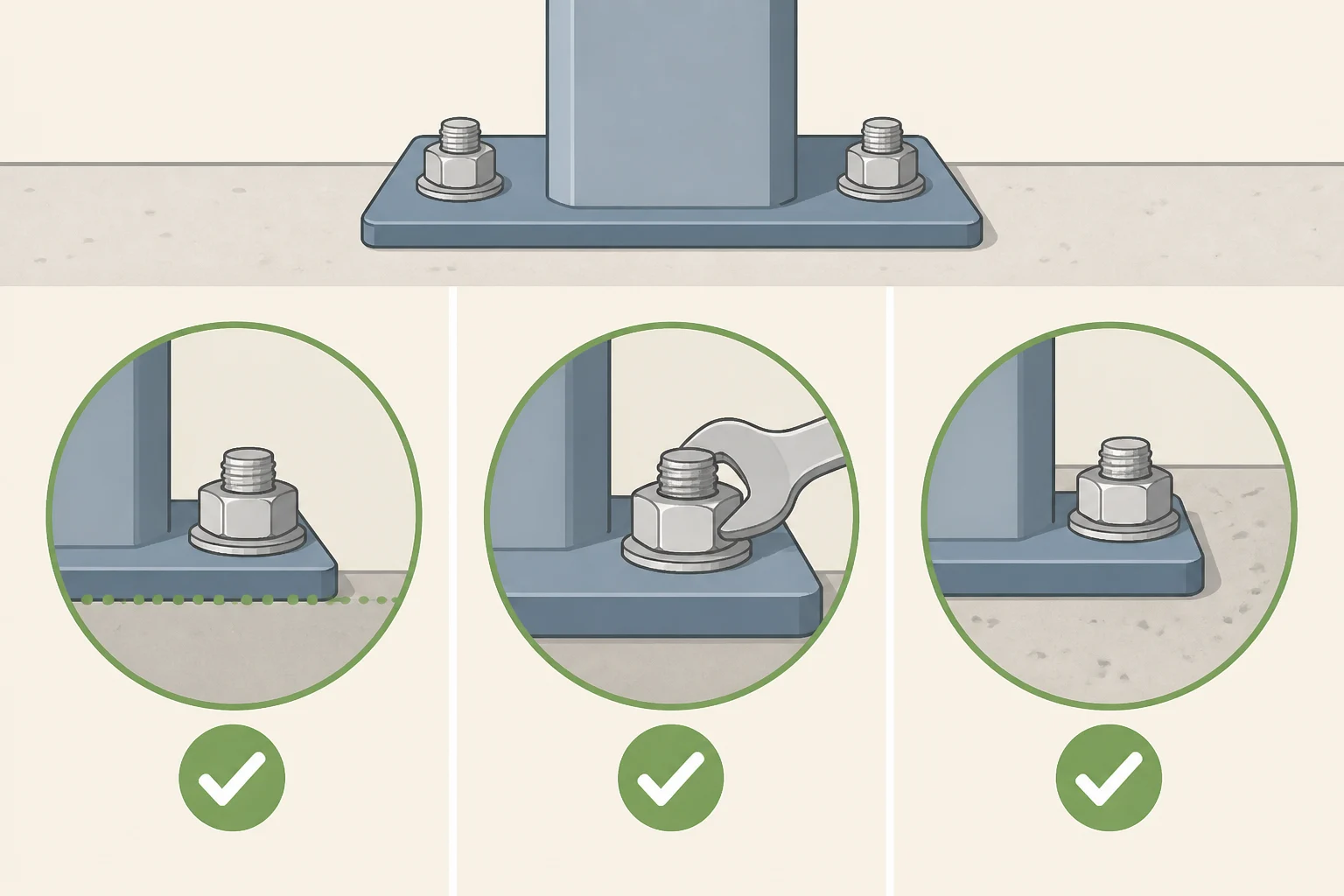 Close-up illustration of an installed concrete anchor showing flush contact, snug head/nut, and no spalling or new cracks