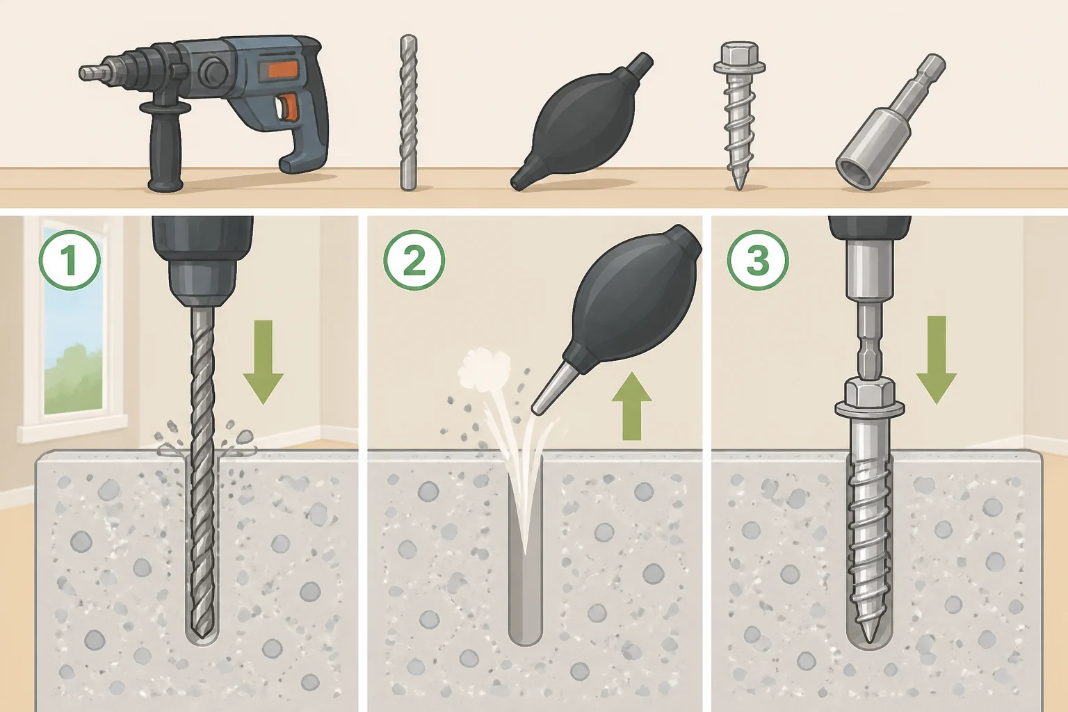 Step-by-step illustration of drilling the pilot hole, vacuuming dust, and driving a concrete screw anchor to the specified embedment depth