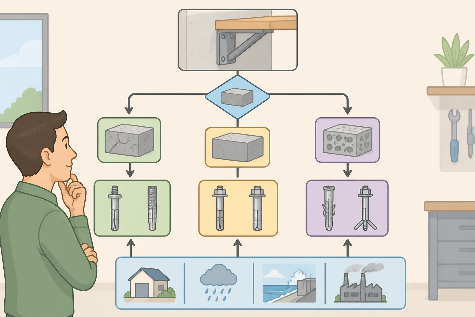 Flowchart for choosing the best concrete anchors based on load direction, concrete condition, and exposure
