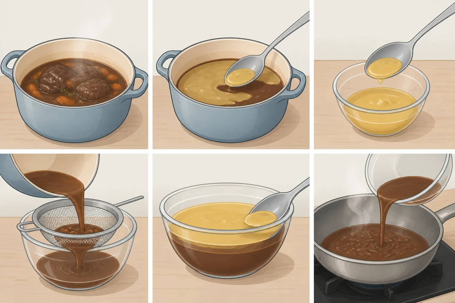 Strained braising liquid in a saucepan with a fat cap separated using an ice-filled ladle before reducing into an apple-forward sauce