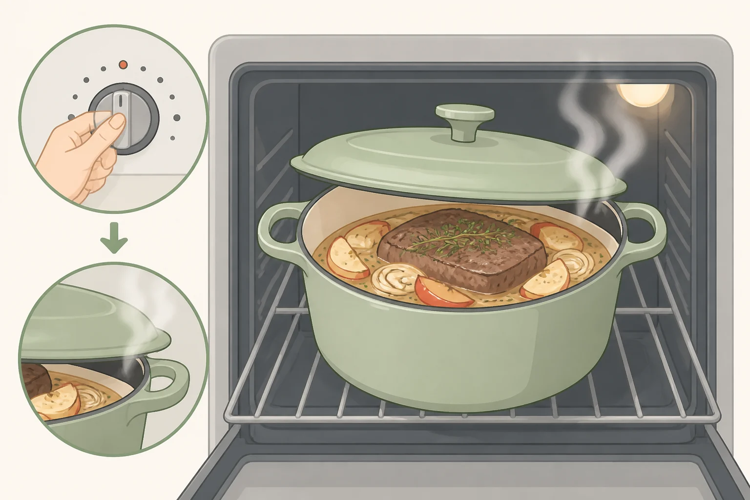 Dutch oven with a bone-in pork shoulder braising in apple cider, aromatics visible, and the lid cracked to prevent boiling