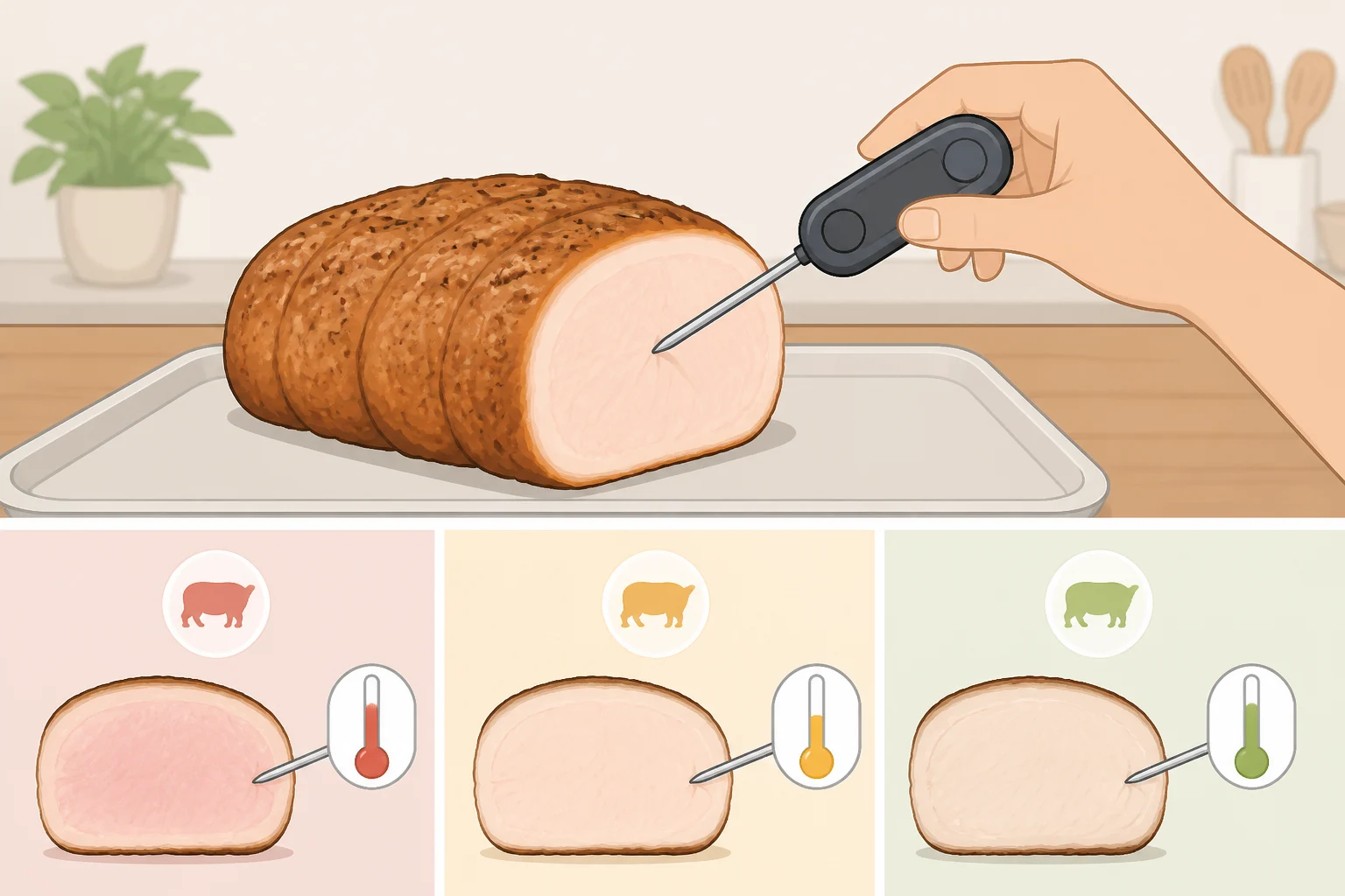 Thermometer probe inserted into bone-in pork shoulder to verify 205°F for apple cider braised pork shoulder shredding or 185–190°F for sliceable pork