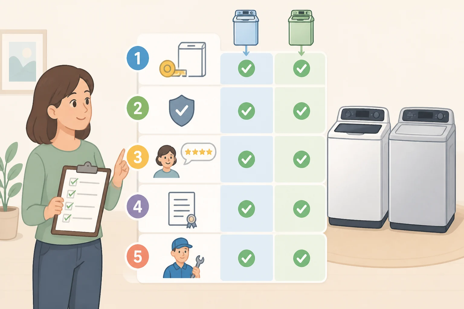 Checklist infographic for comparing two appliance finalists: match exact configuration, check PP100/predicted reliability, review satisfaction separately, weigh ownership timeline, and confirm warranty and authorized repair coverage