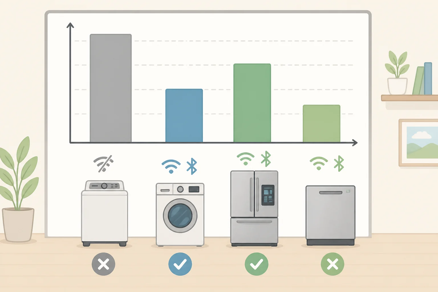 Bar chart comparing 87 PP100 for connected appliances versus 63 PP100 for non-connected models, including the higher 92 PP100 for active app users; appliance brands to avoid should be judged by problem-rate evidence, not just connectivity hype