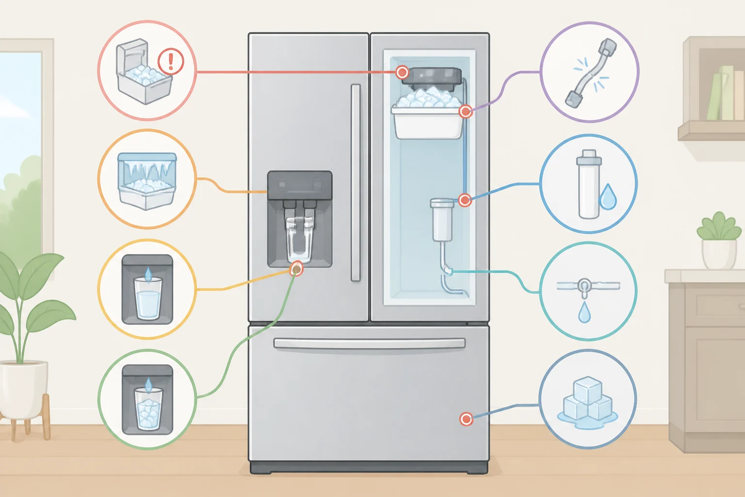Illustration showing icemakers and water/ice dispensers as the two most commonly reported refrigerator problem areas in Consumer Reports data