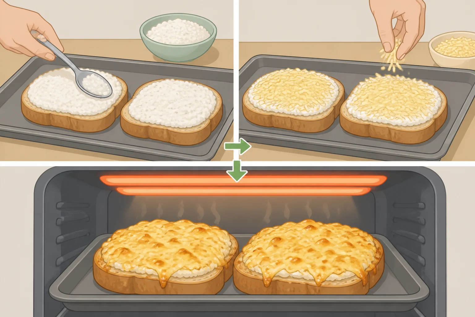 Ricotta and mozzarella-topped bread slices under the broiler with bubbling browned cheese, producing crisp edges for serving alongside the lasagna soup